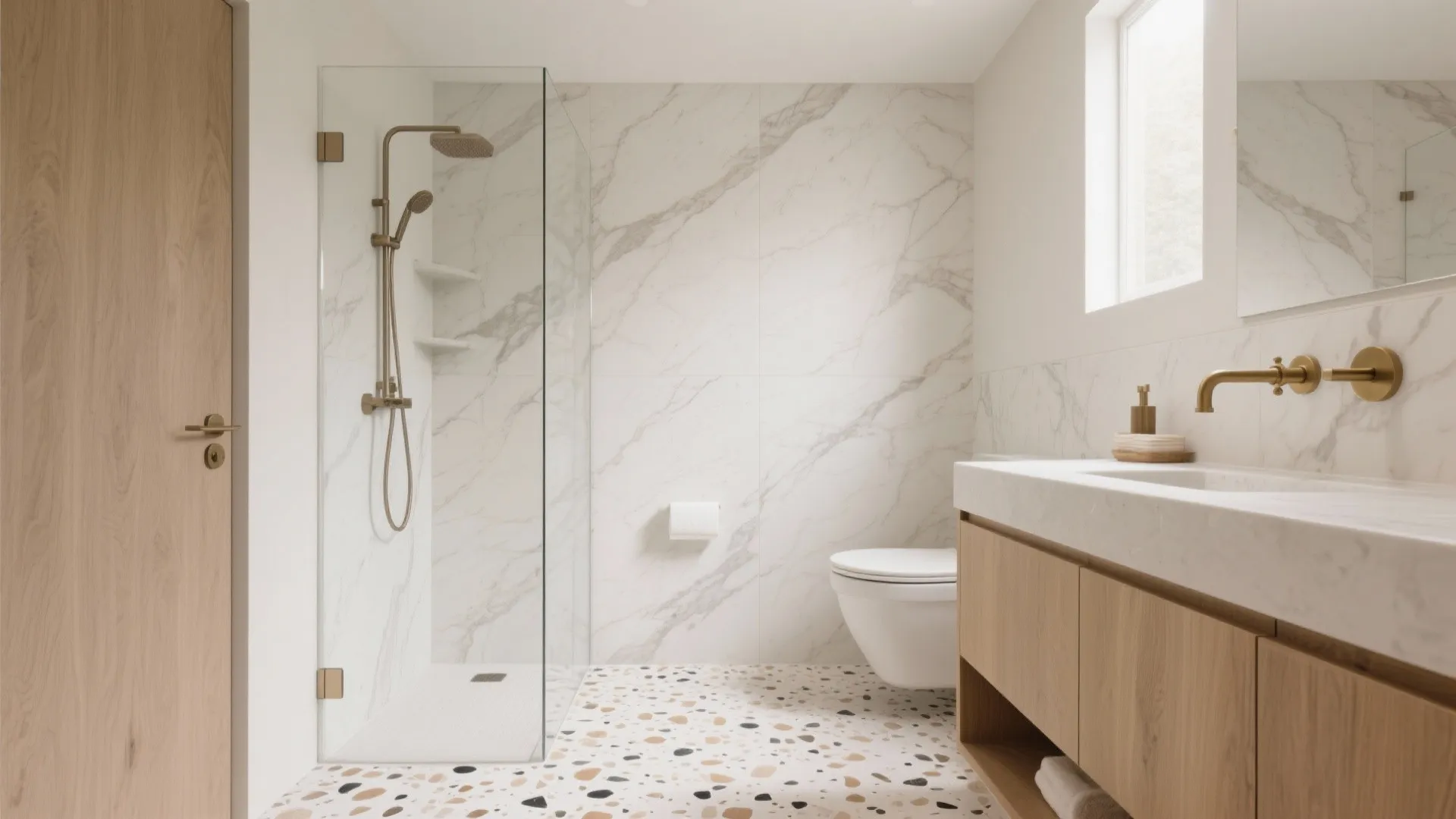Modern bathroom with marble walls and colorful stone floor featuring a glass shower and wood