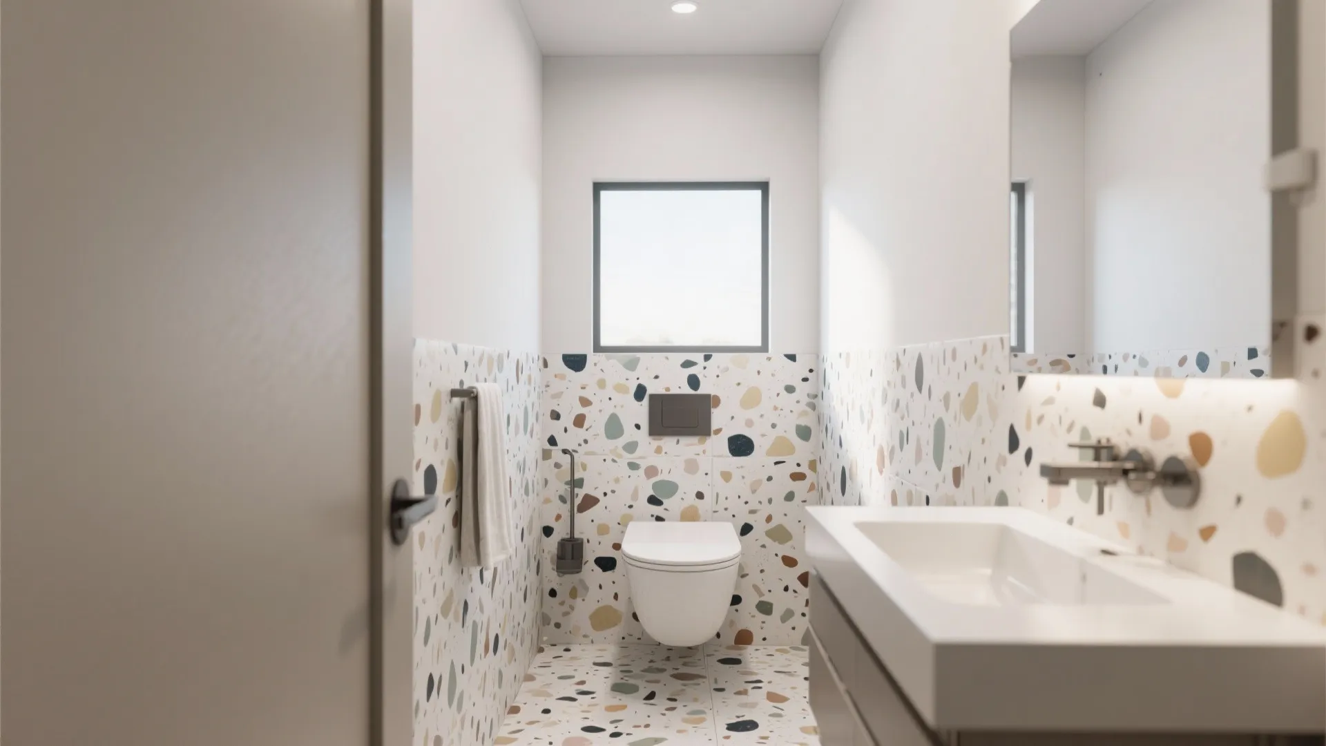 Small modern bathroom with colorful spotted wall tiles white toilet white sink and small window