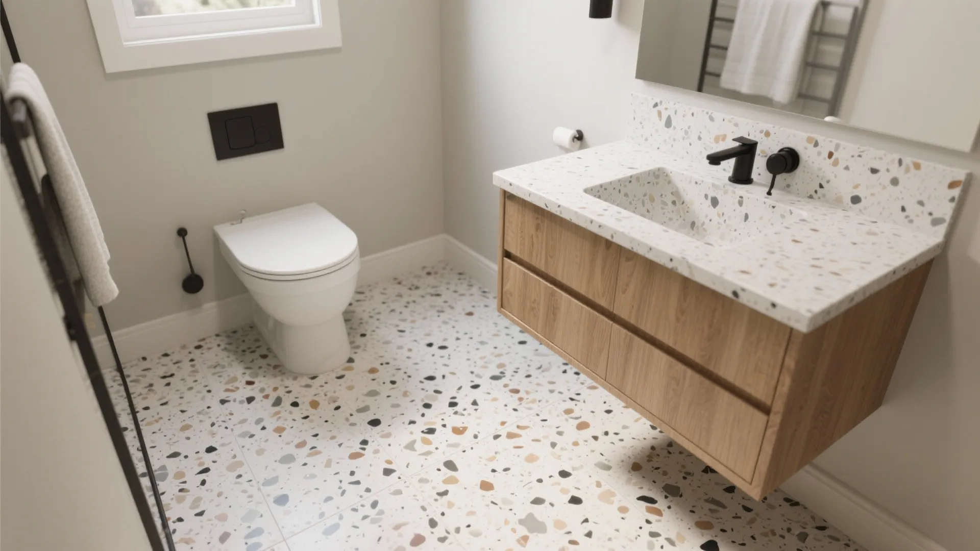 Small bathroom with honed micro-chip terrazzo floor and matching vanity top under soft daylight.