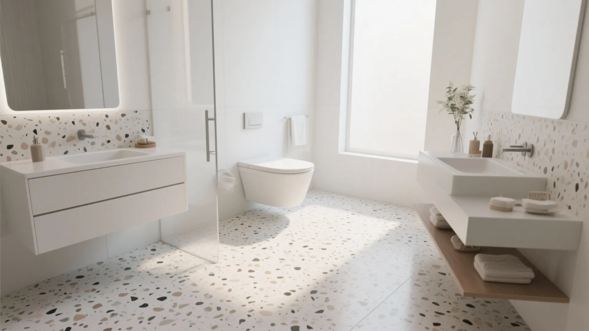Bright bathroom featuring colorful terrazzo floor and wall tiles with white sinks and hanging toilet