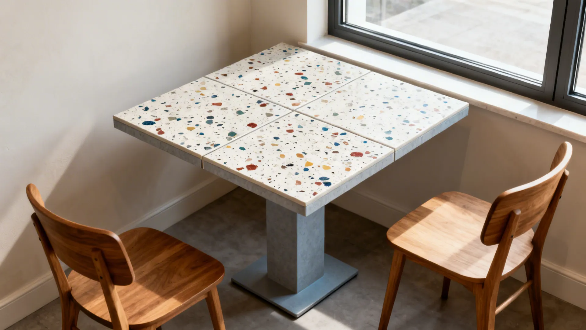 Before-after of a compact dining nook transformed with large-format terrazzo-look tiled table.