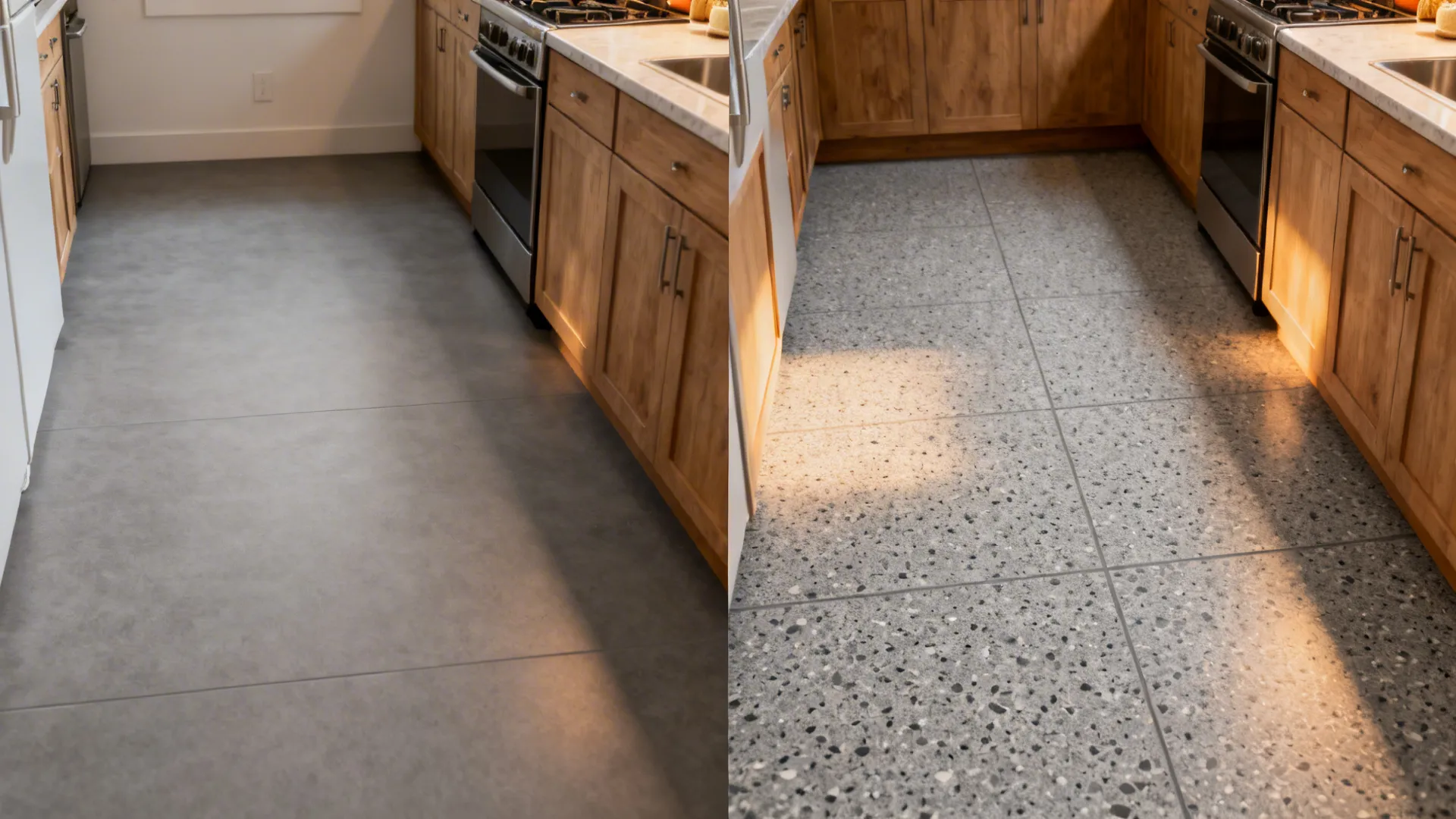 Split view comparing plain grey floor to fine-chip grey terrazzo-look floor in a small kitchen.