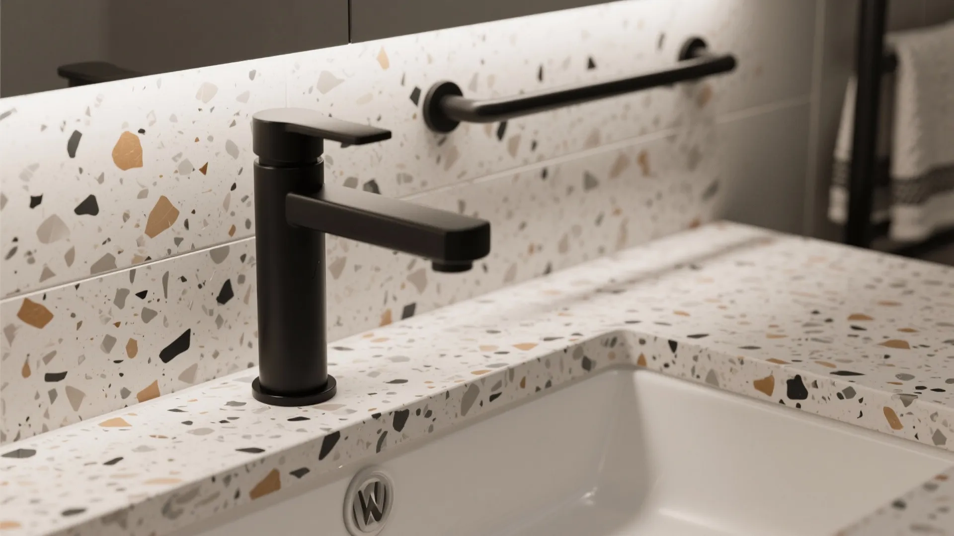 3. Mix Terrazzo with Matte Black Fixtures