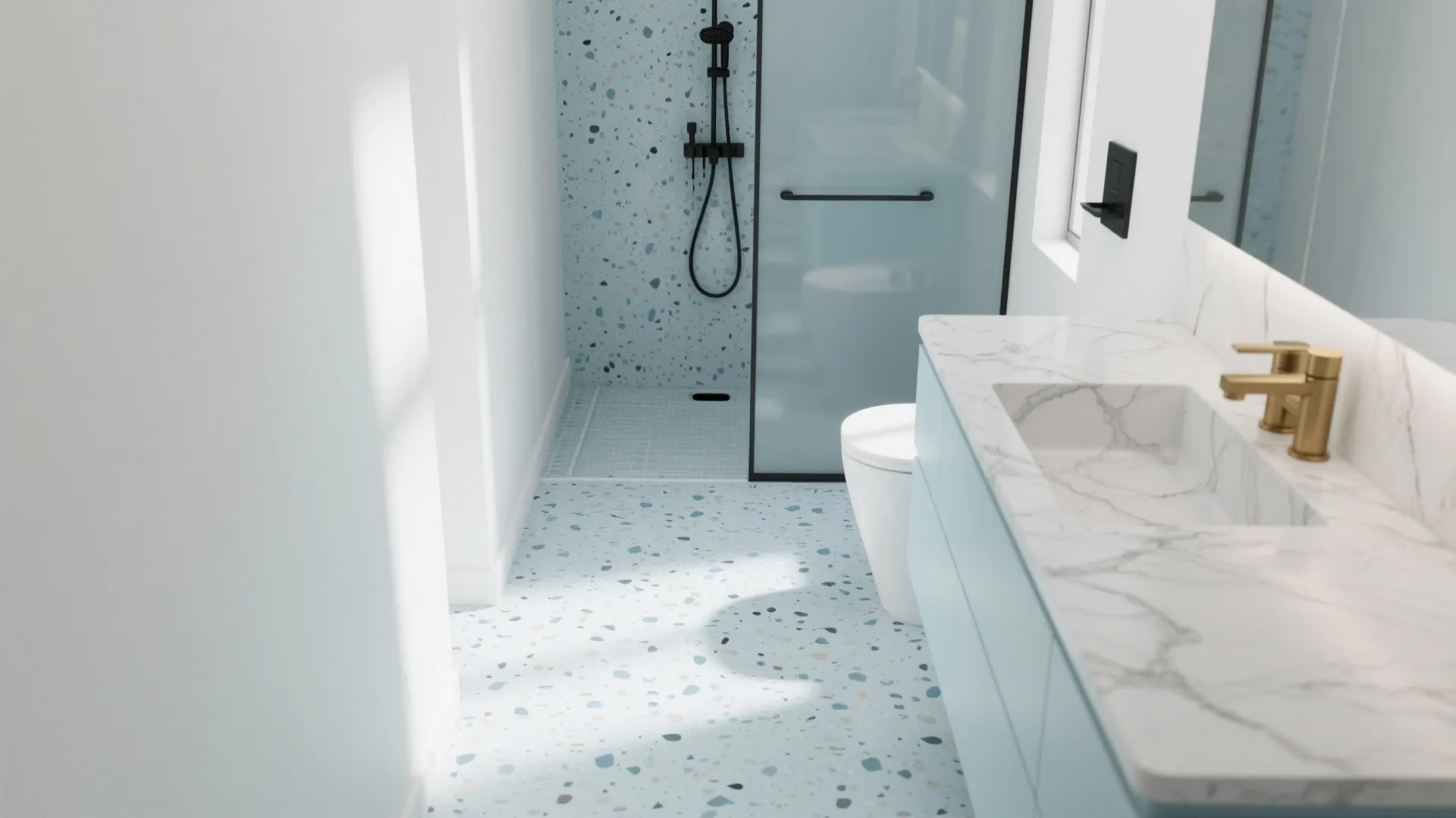 Blue terrazzo-look, slip-resistant floor