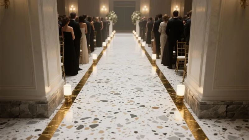 Luxury Wedding Aisle Design with Gold Accent & Terrazzo Floor
