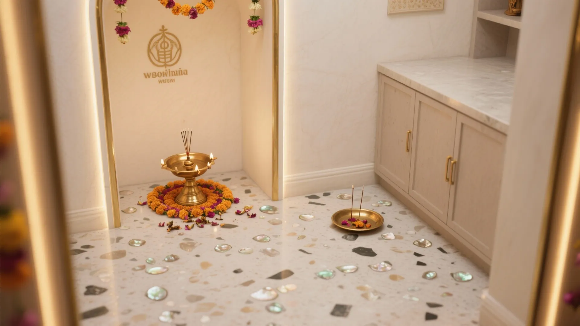 Modern prayer room with white terrazzo floor, gold light fixtures, floral decorations, and cream cabinet