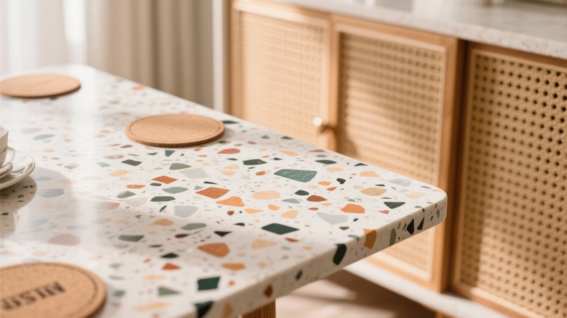 Close-up of terrazzo tabletop with satin sheen and cane-front cabinet texture in soft daylight.