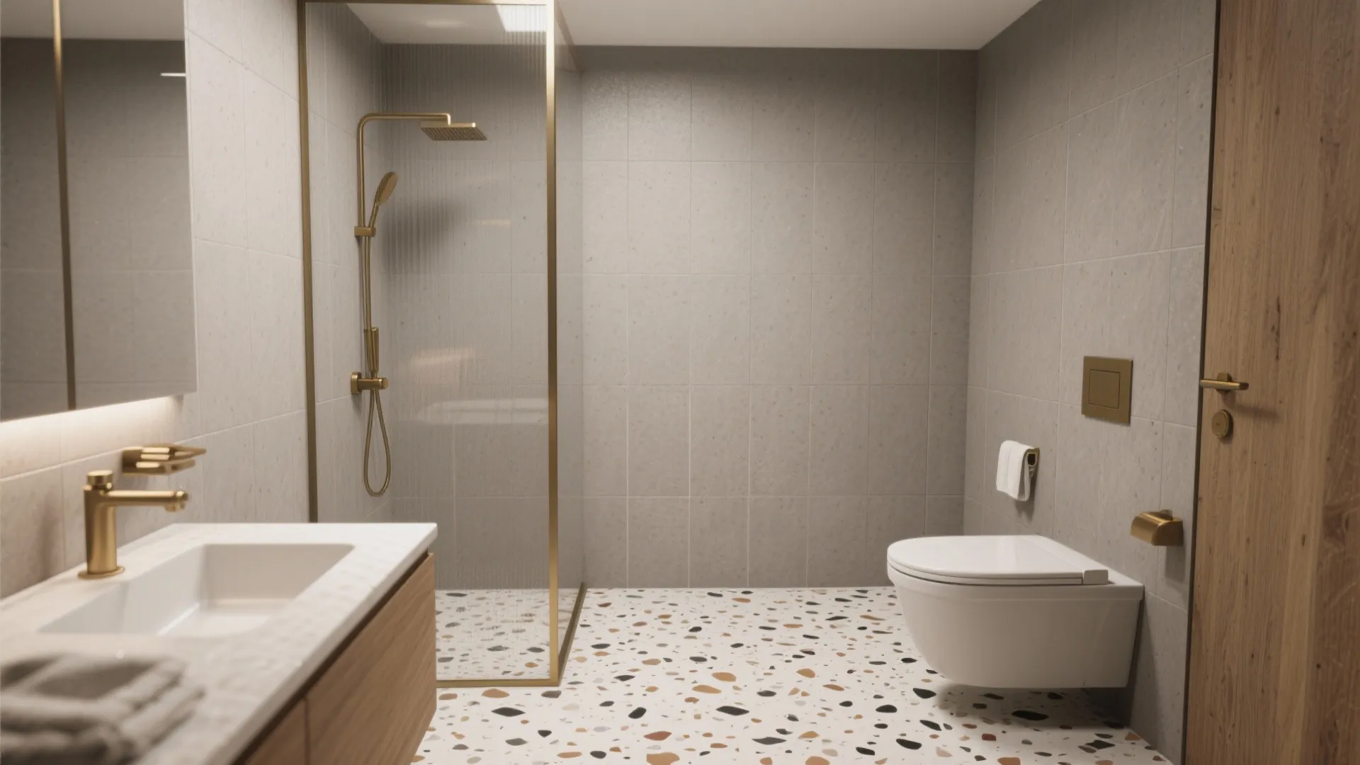 Terrazzo-look porcelain in a soft, modern palette