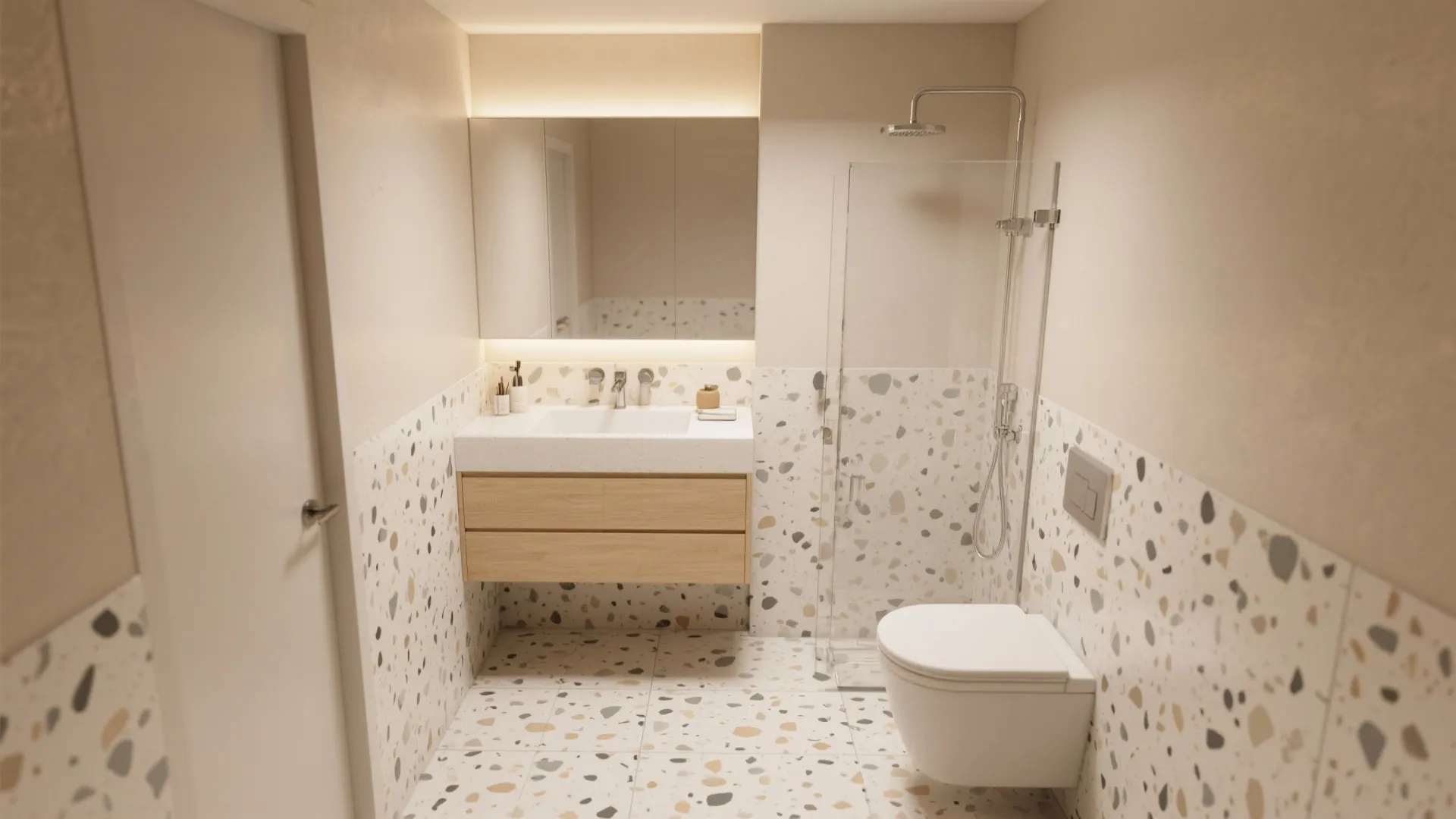 Modern bathroom with colorful stone floor tiles, wooden cabinet, white sink, and glass shower screen