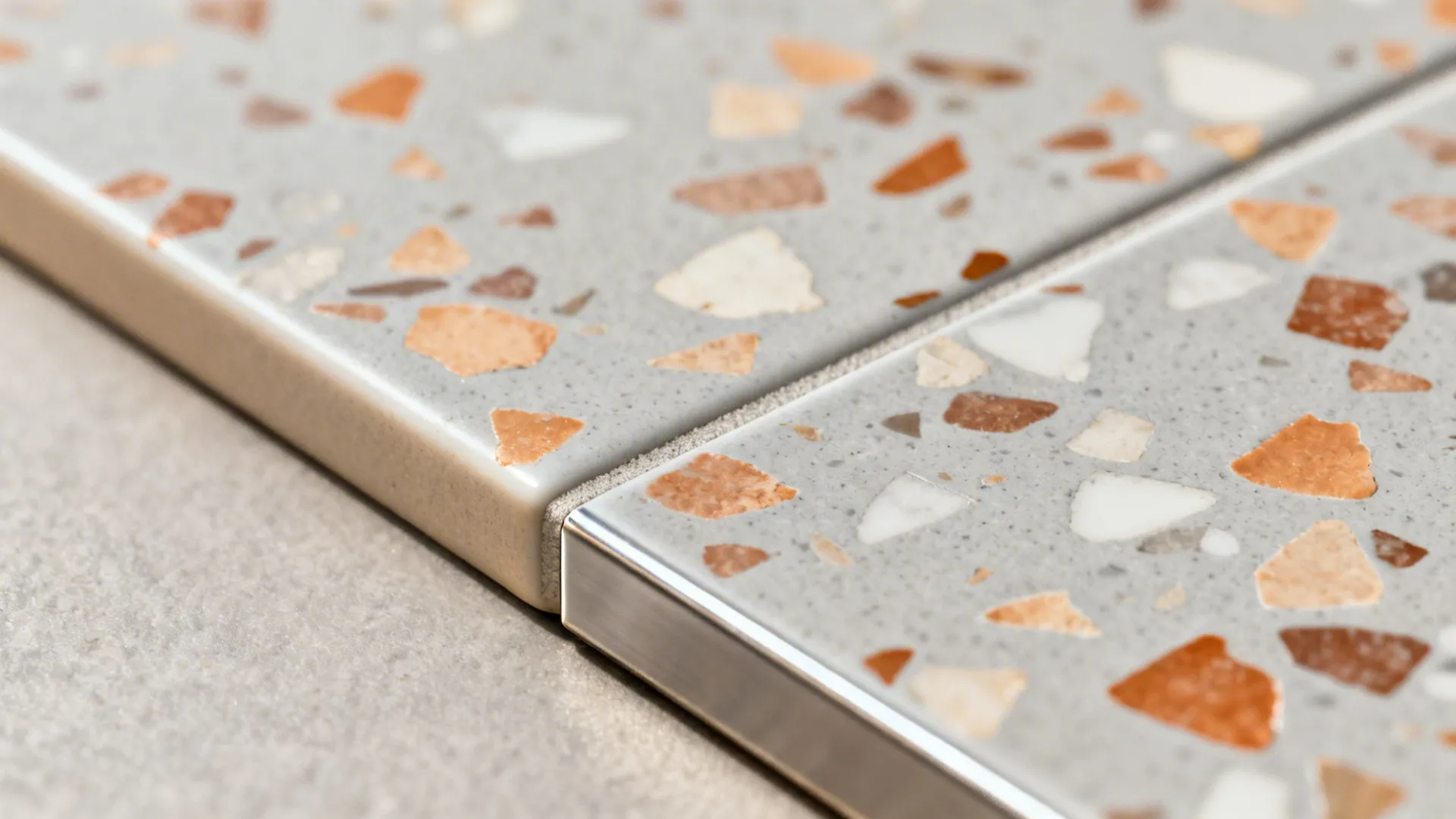 Macro of terrazzo-look porcelain with warm chips and clean edge trim.