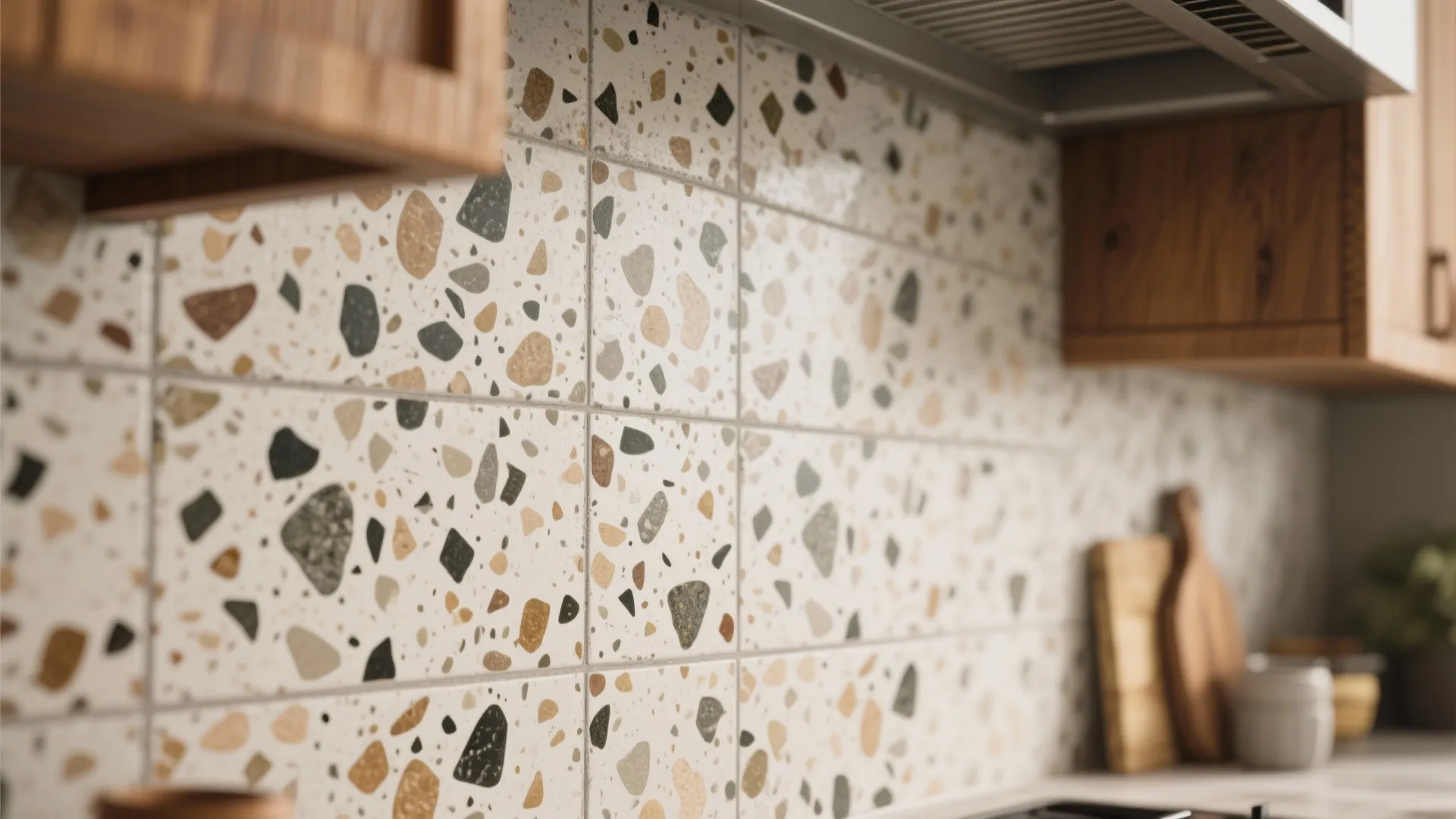 Close-up of terrazzo-style small chip tiles on a backsplash blending with warm wood cabinets.