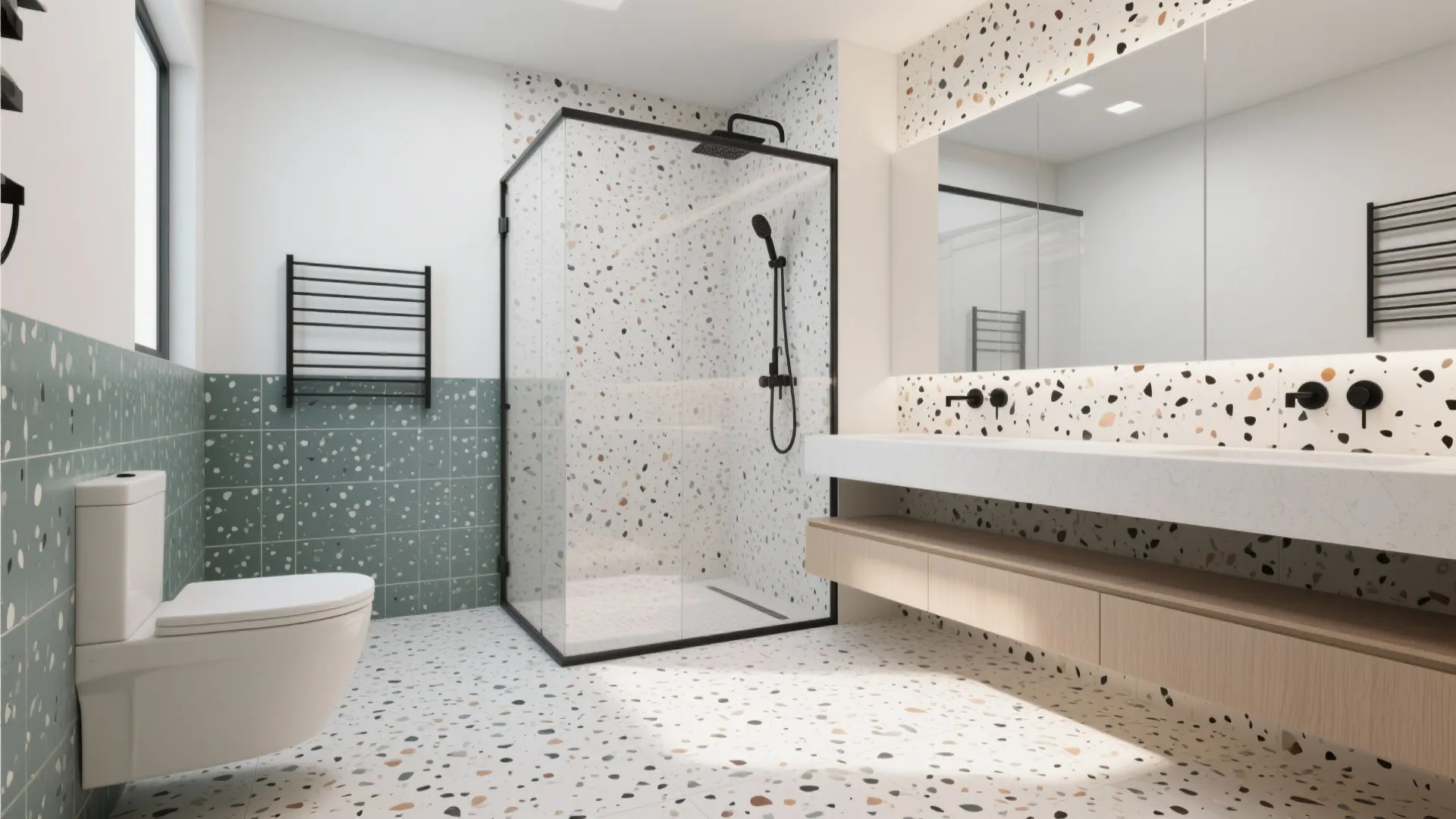 Colorful bathroom with terrazzo tiles glass shower box white toilet floating wooden cabinet and large mirror