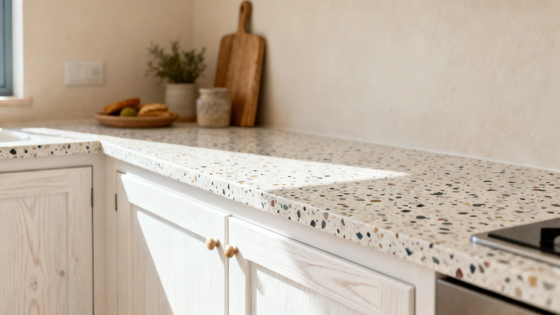 Compact kitchen with fine-chip terrazzo counters and light white oak cabinets in soft daylight.