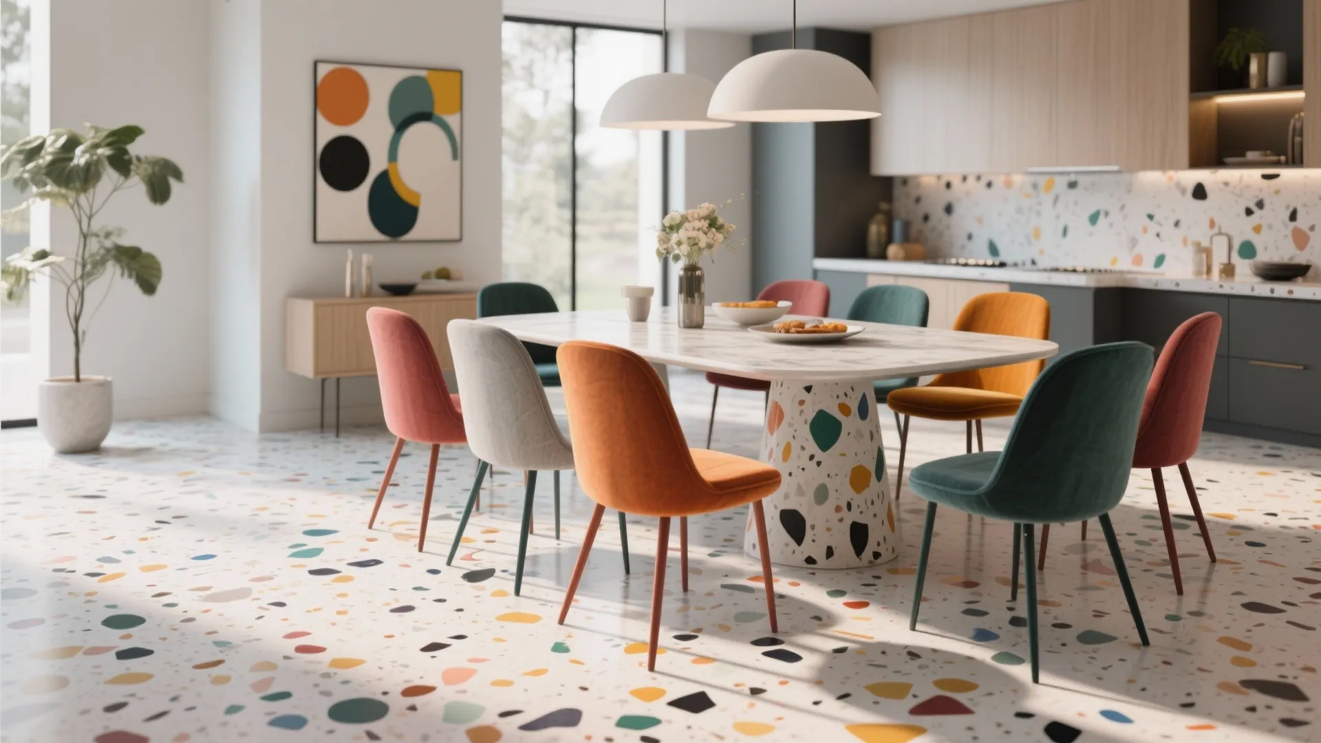 Colorful dining room with marble table and velvet chairs on top of speckled floor tiles