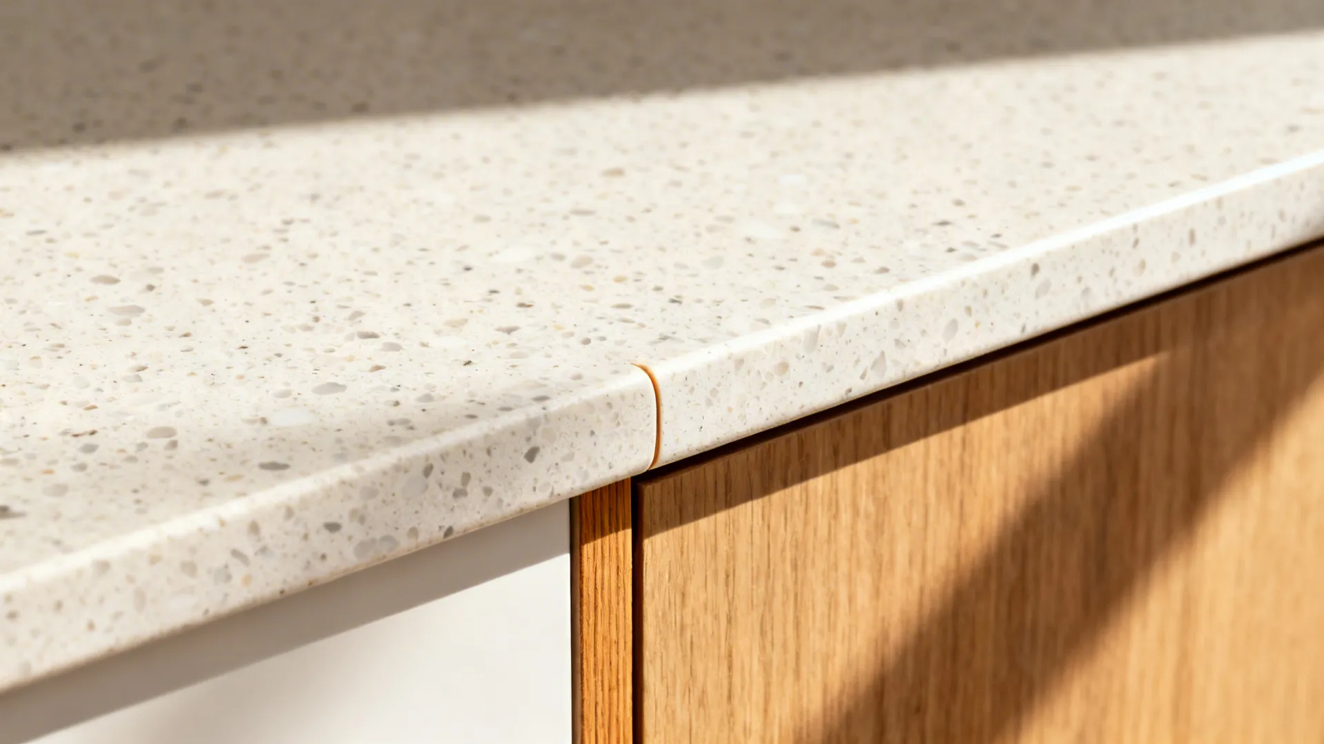 Macro of a pale terrazzo-look quartz edge with a soft pencil round beside an oak-edged cabinet.