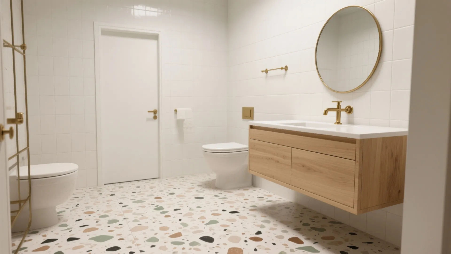 Modern white bathroom with colorful floor tiles wooden cabinet round mirror gold sink and two toilets