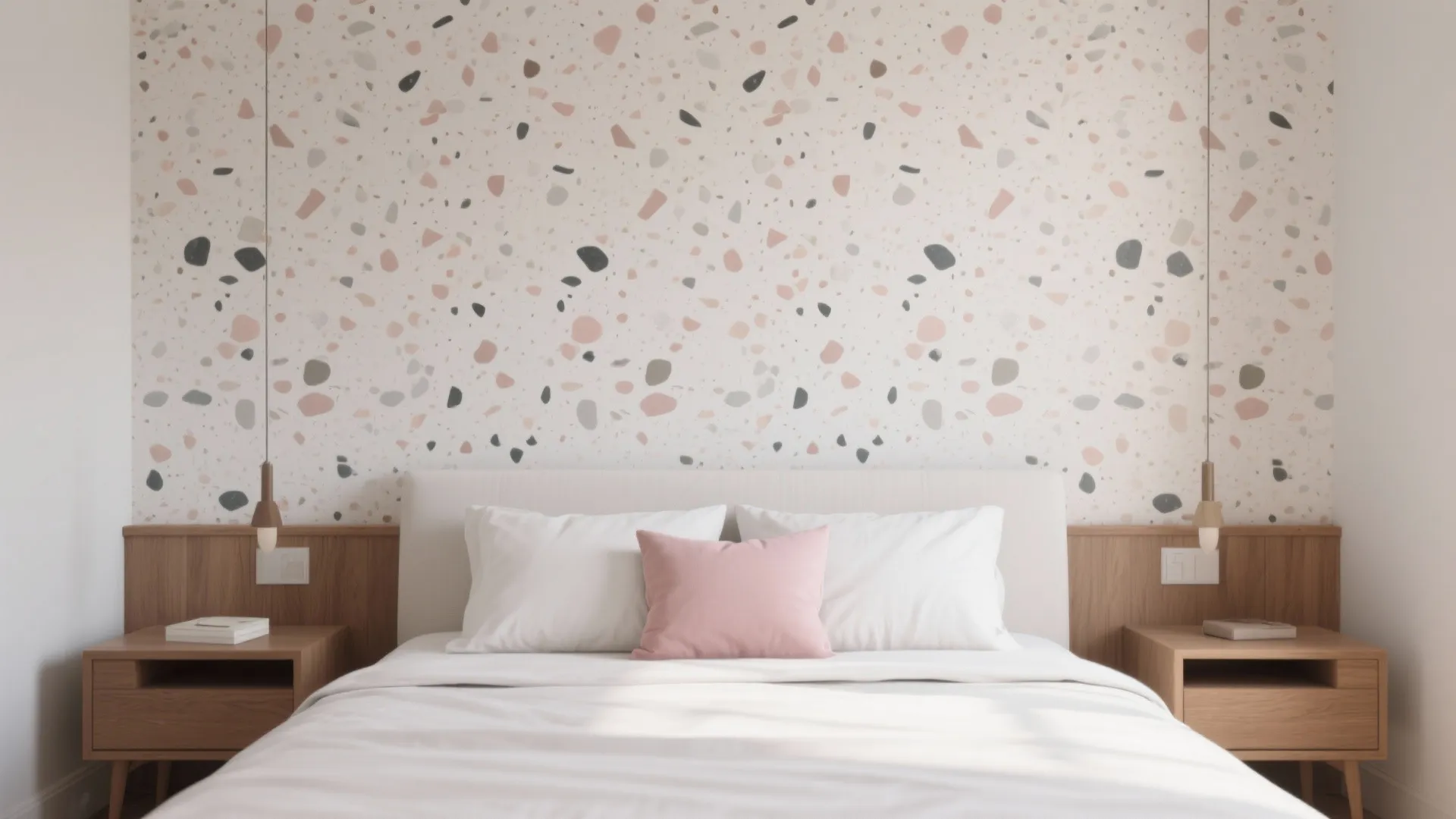 Terrazzo feature wall with restrained palette