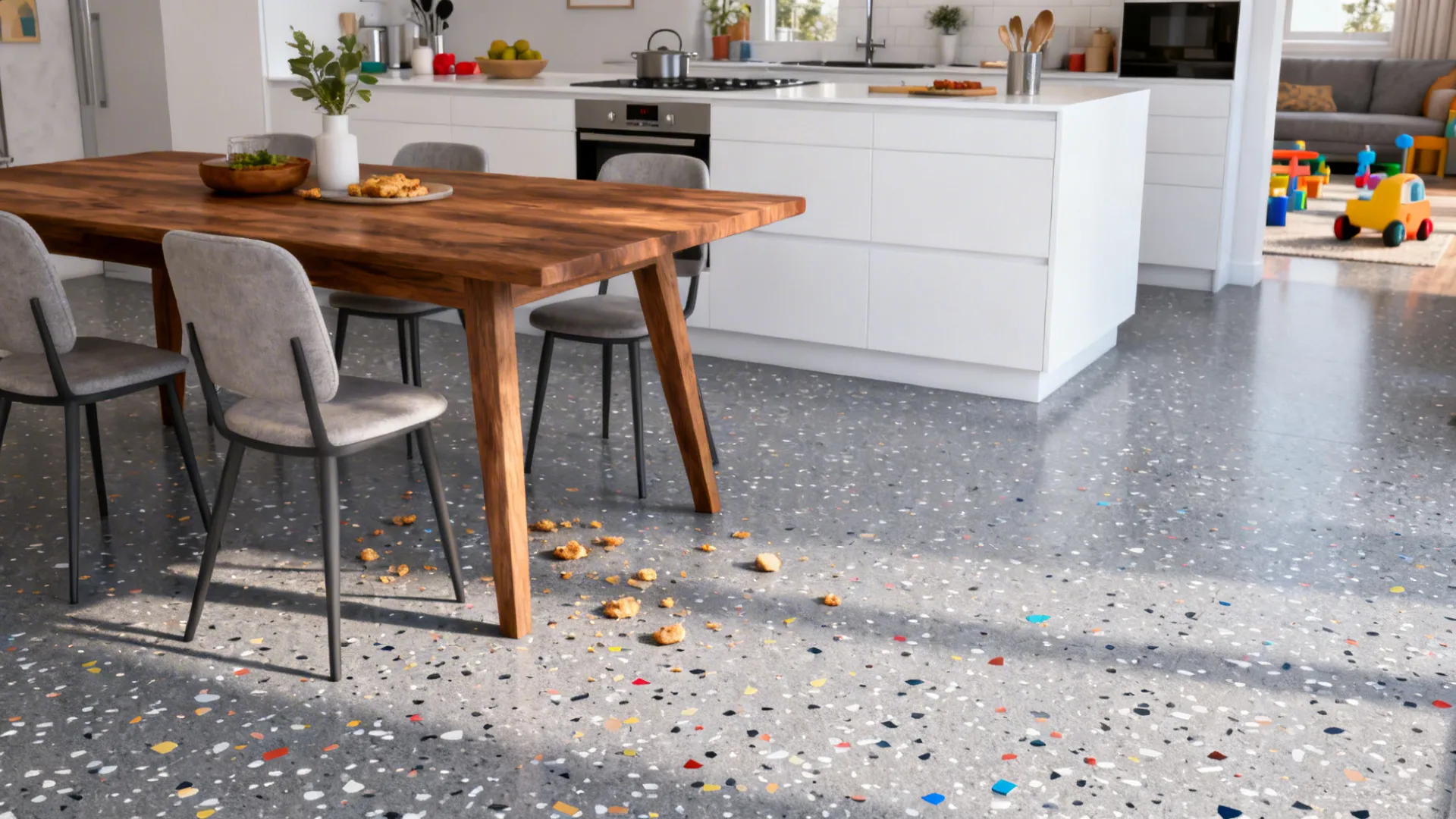 Open-plan kitchen with fine-aggregate terrazzo-look porcelain floor tying white cabinets to walnut table.