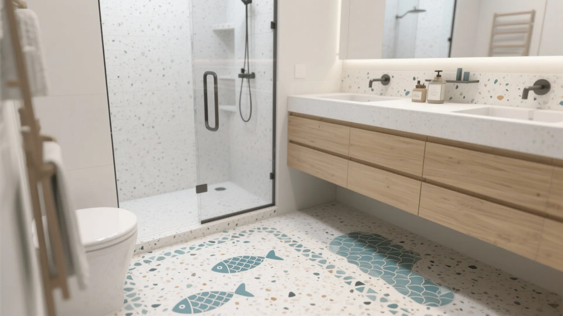 Bathroom with light terrazzo floor featuring subtle fish-scale inlays near the shower entry.