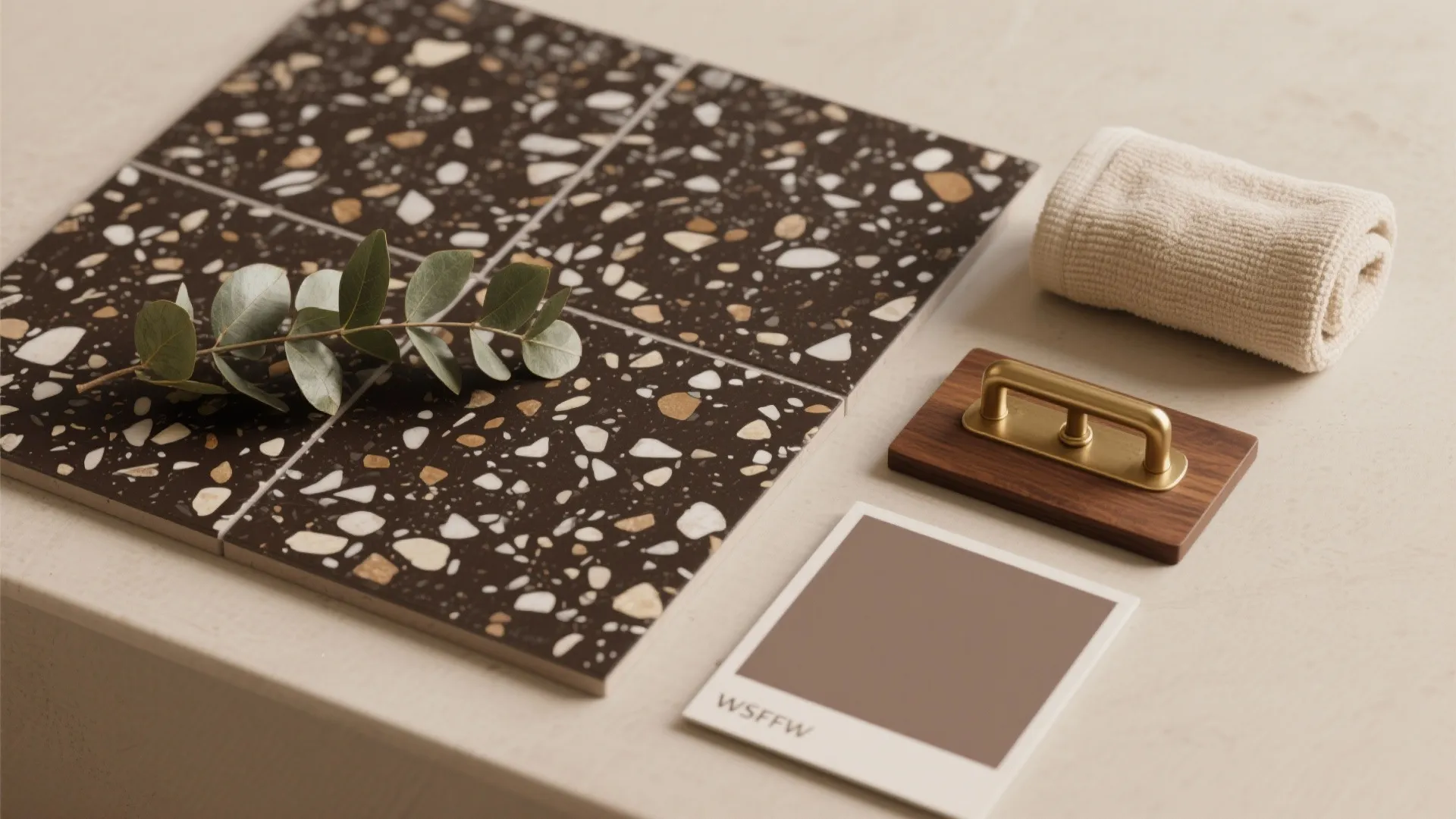 Dark terrazzo and warm accents for a cozy spa feel