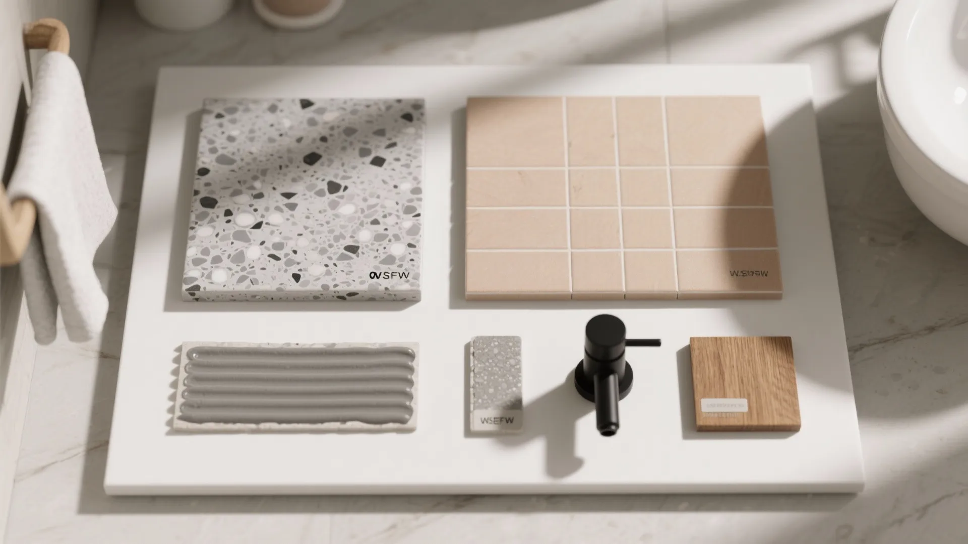 Interior design mood board with stone tiles wood samples and black faucet on a white surface