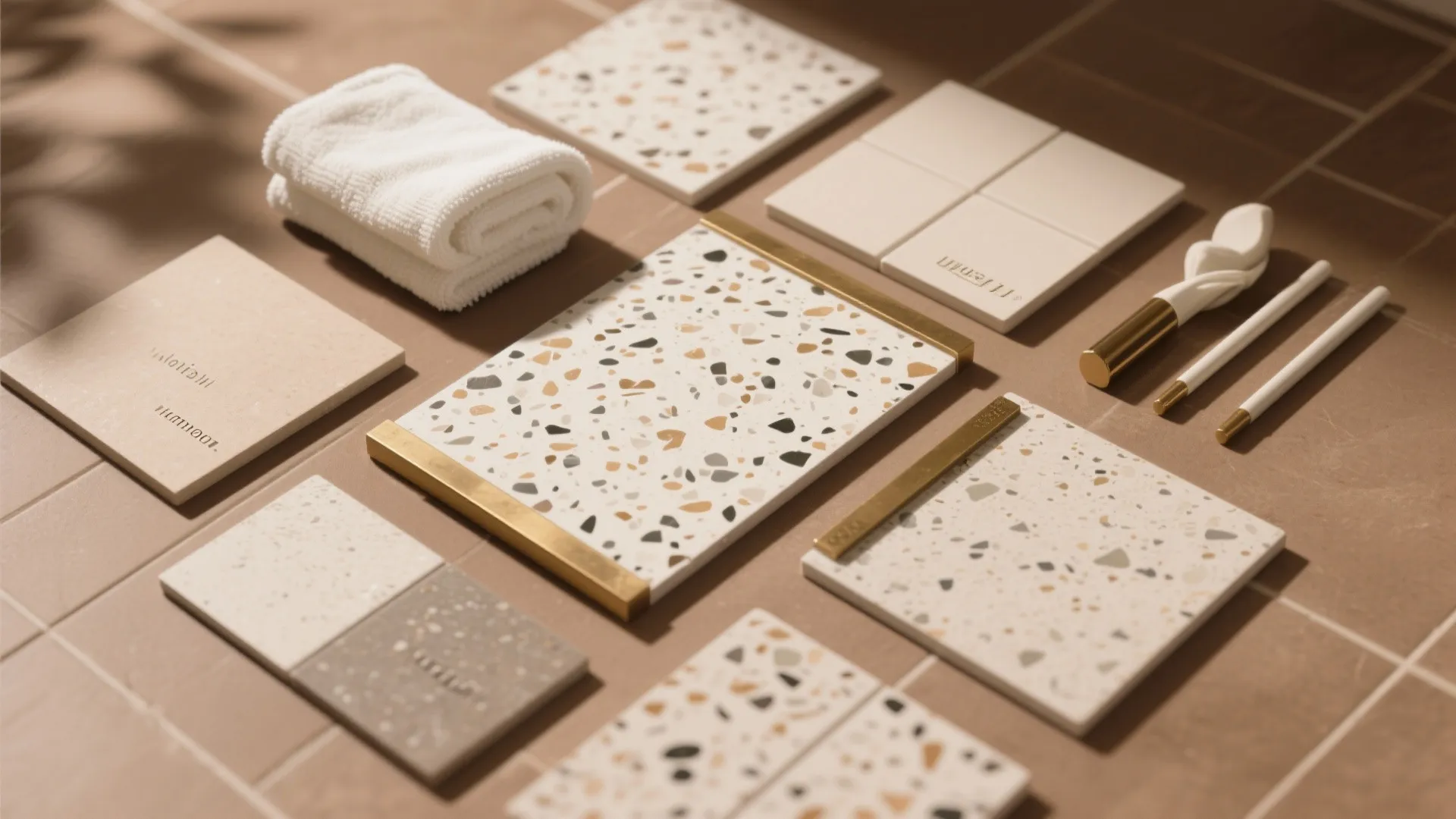 Terrazzo stone tiles in different colors arranged with a white towel on a brown floor