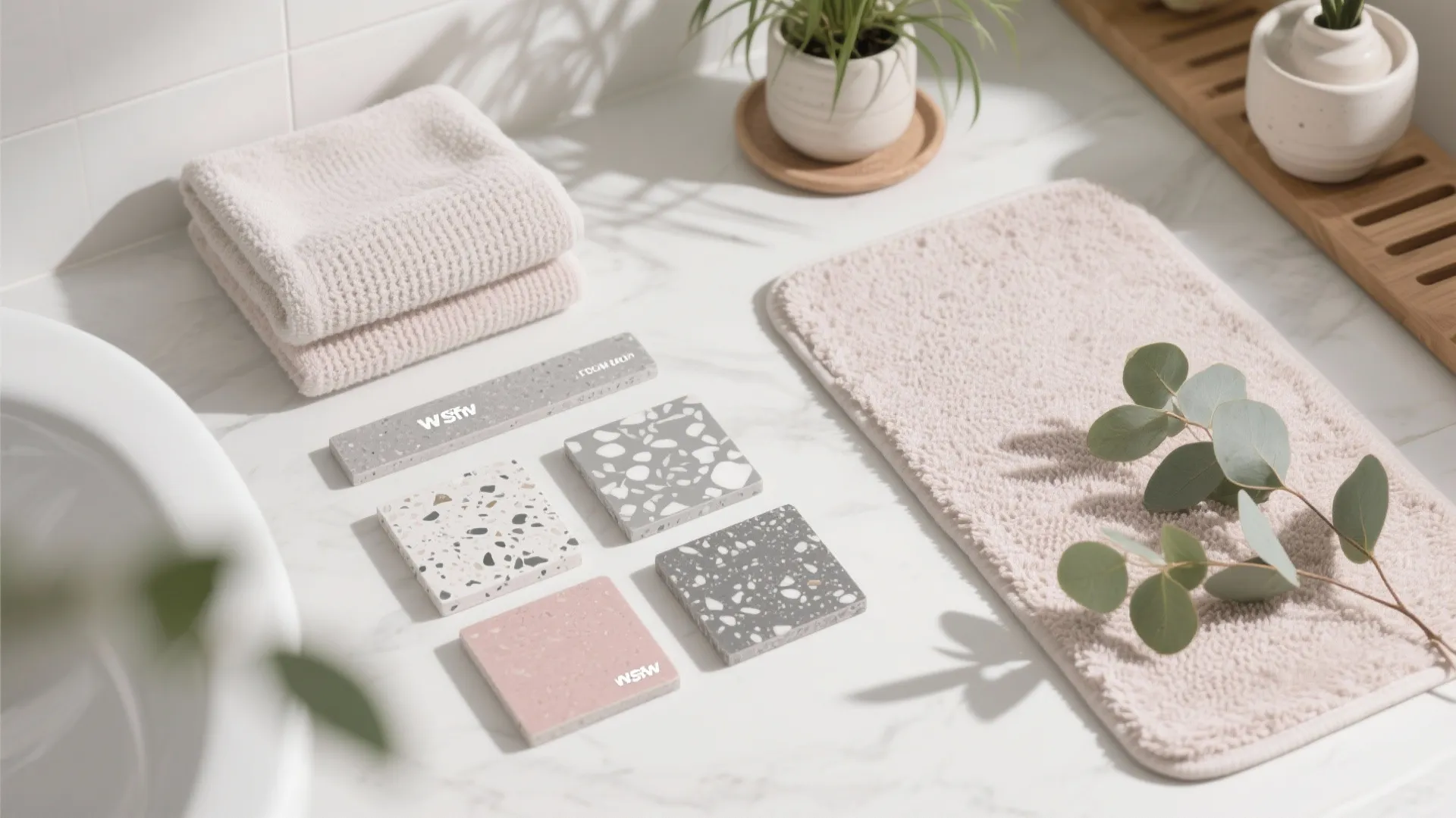 Flat lay of small stone tile samples with soft pink towels and a green plant