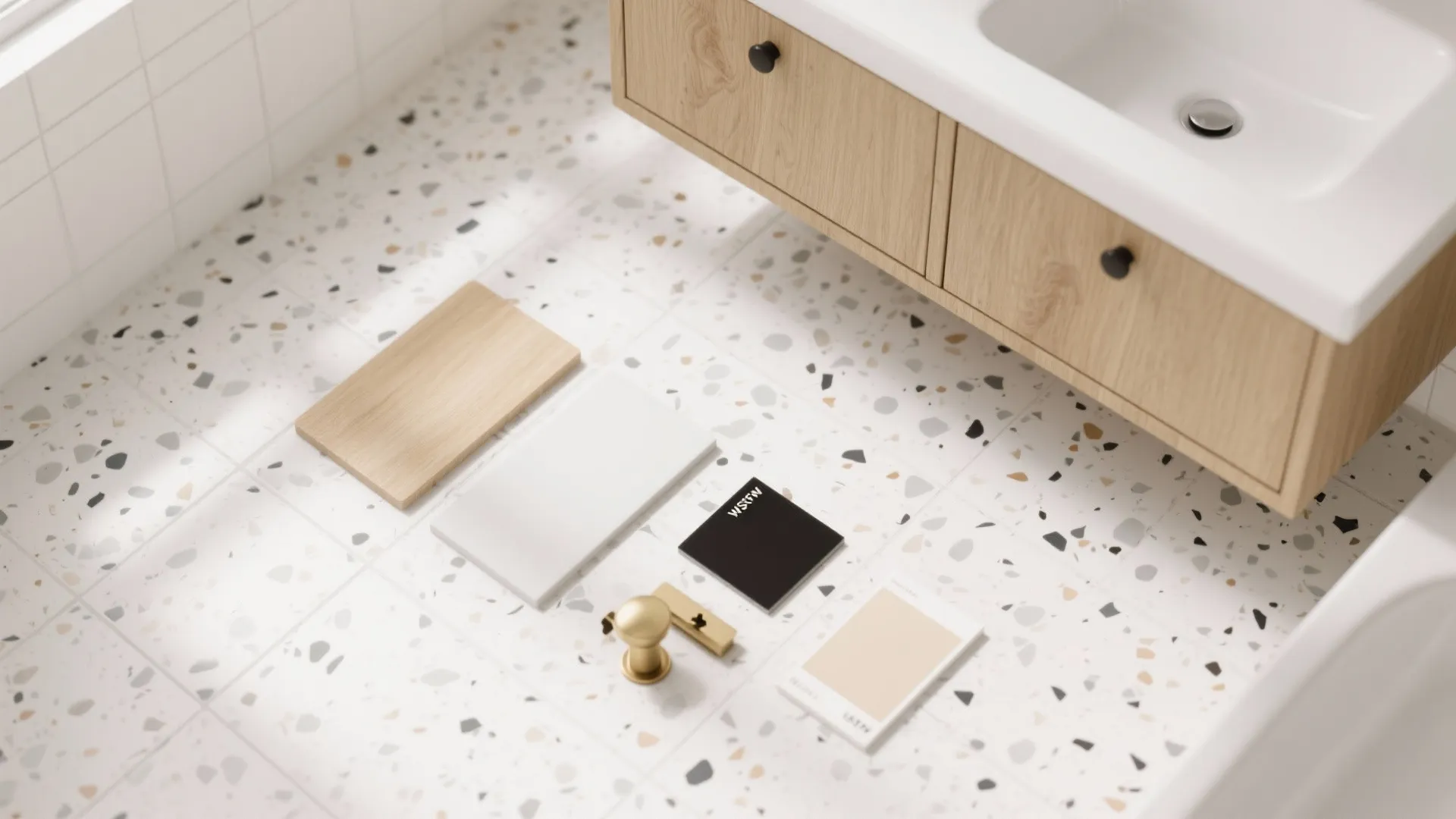 White terrazzo-look porcelain for quiet pattern