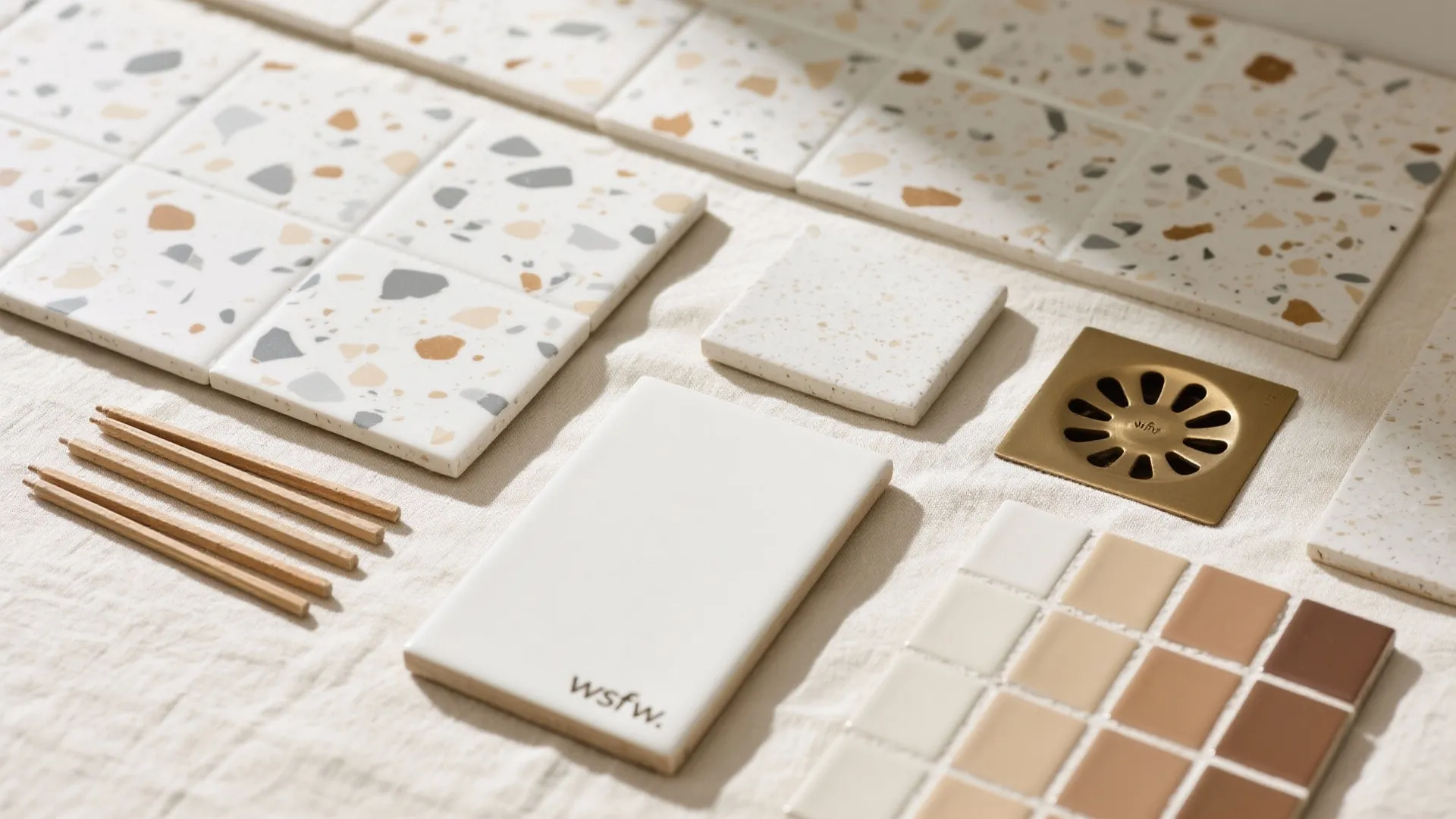 Top-down flat lay of micro-speckled terrazzo-look tiles with matte white samples and warm taupe grout swatches.
