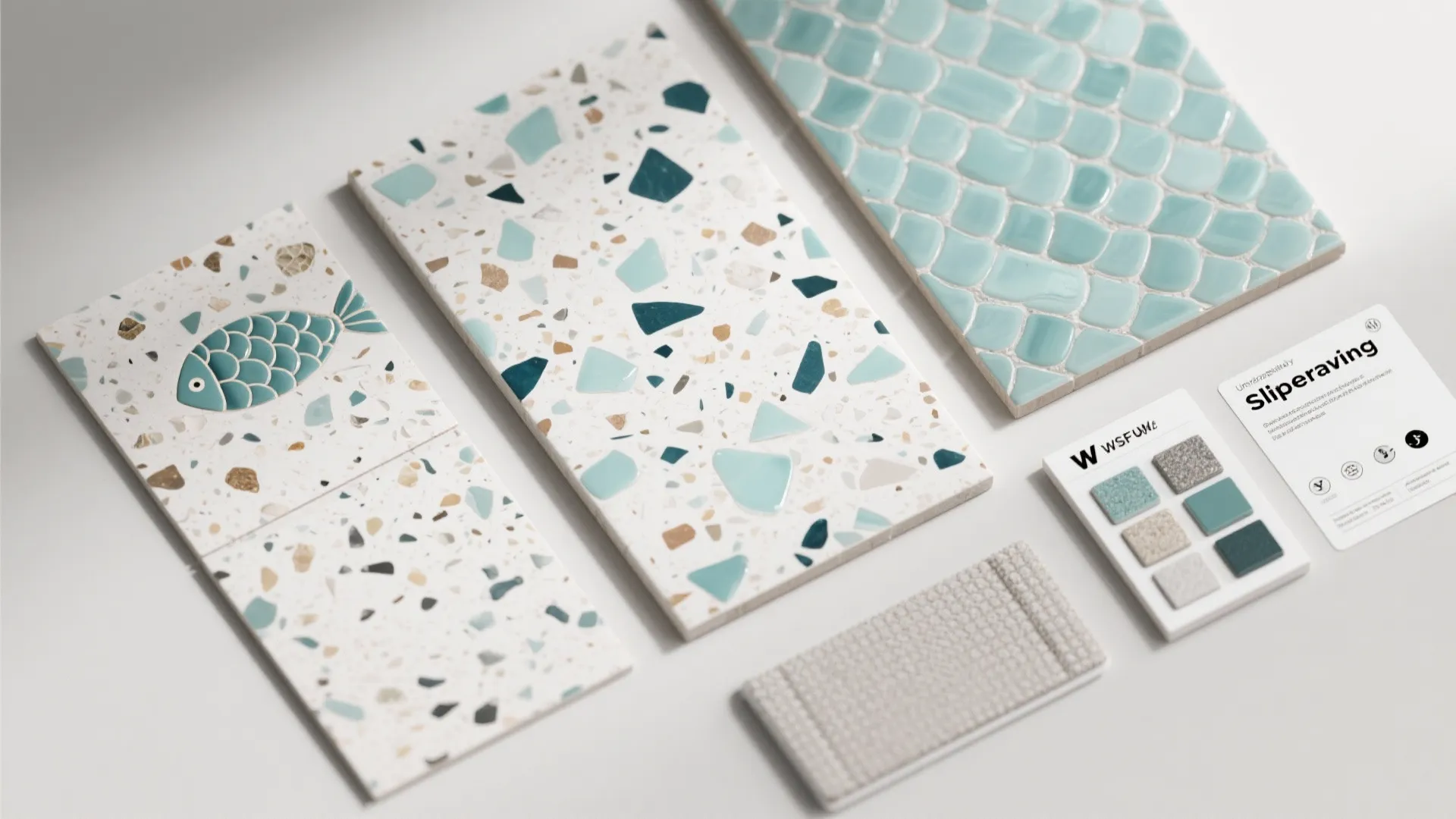 Top-down materials board with terrazzo samples, fish-scale inlays, grout, and radiant mat.