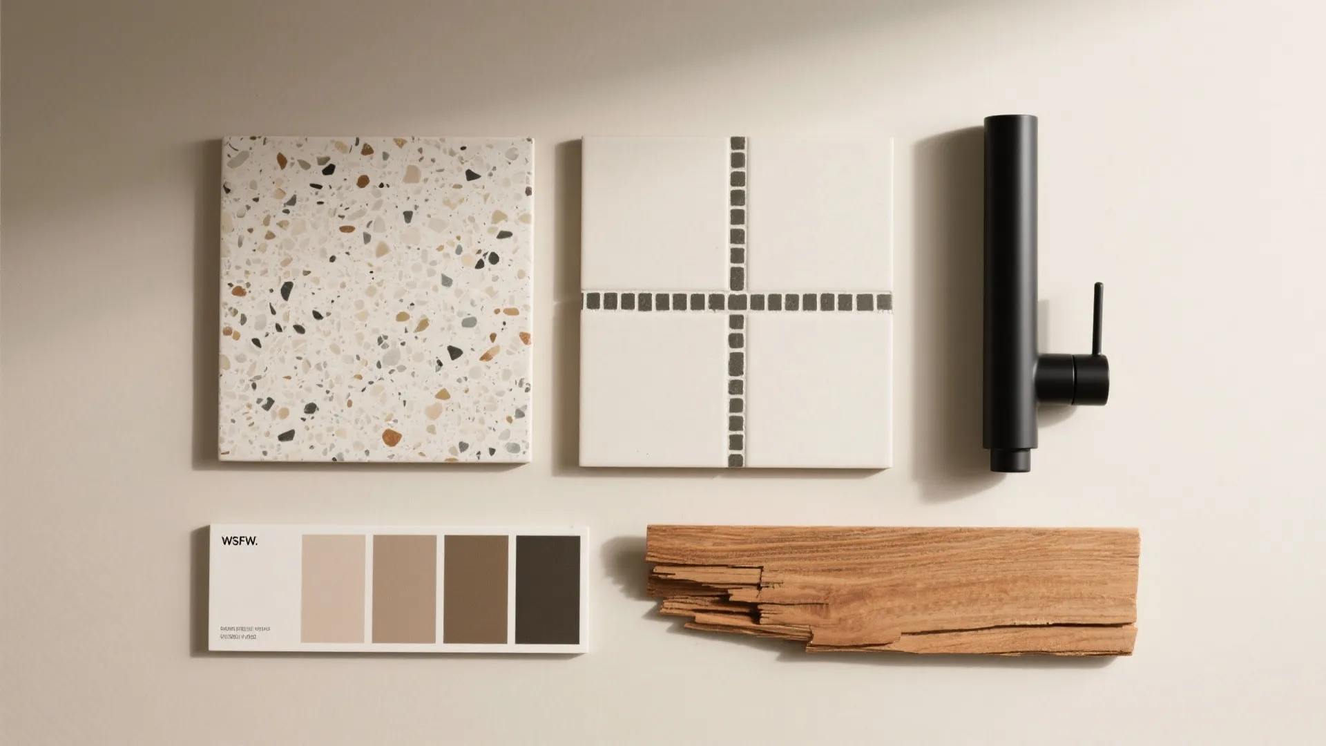 Interior design mood board with terrazzo tiles white wall tiles black faucet wood and color swatches