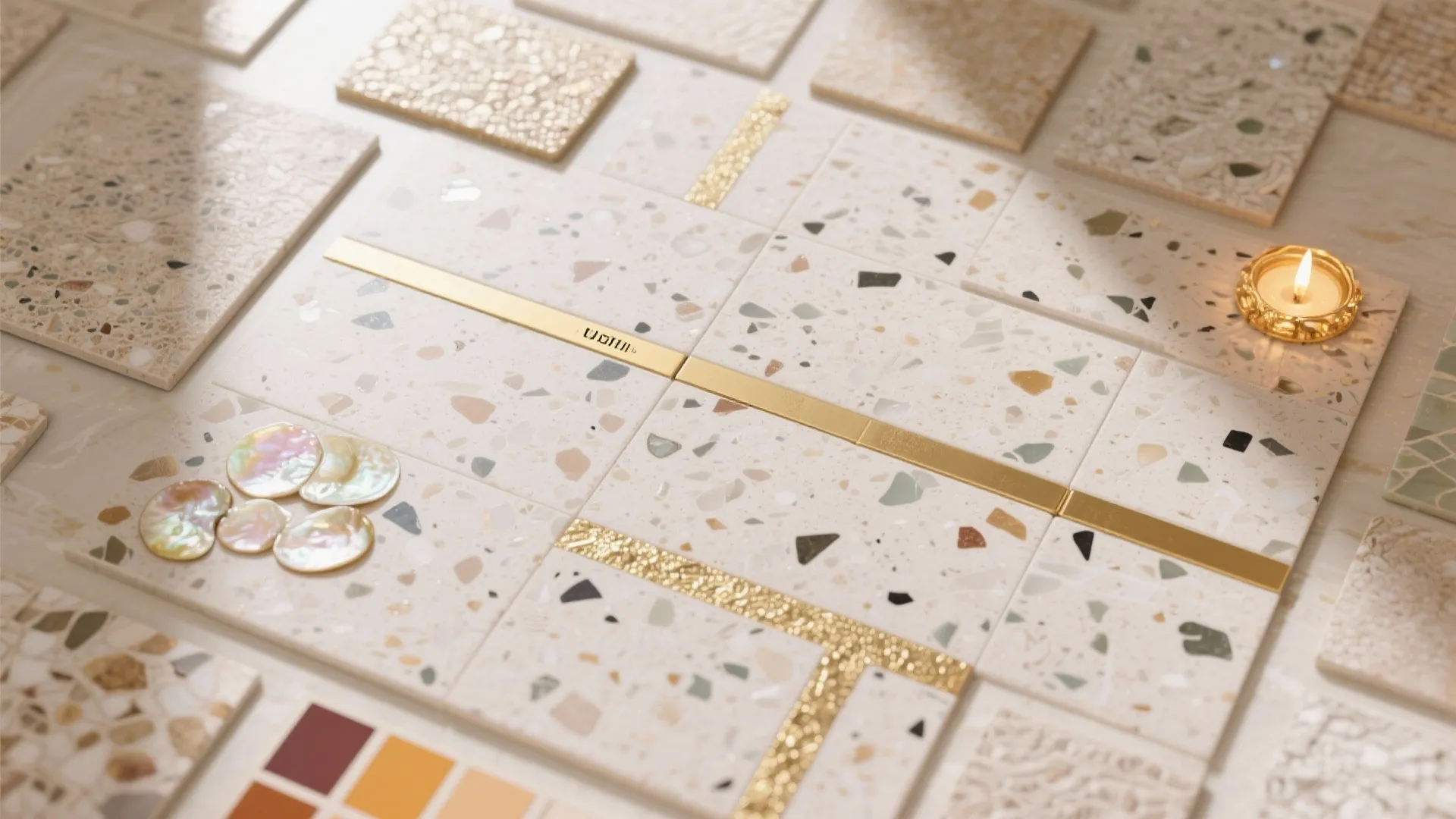 Flatlay of speckled white floor tiles with gold metal strips, small shells, and a lit candle
