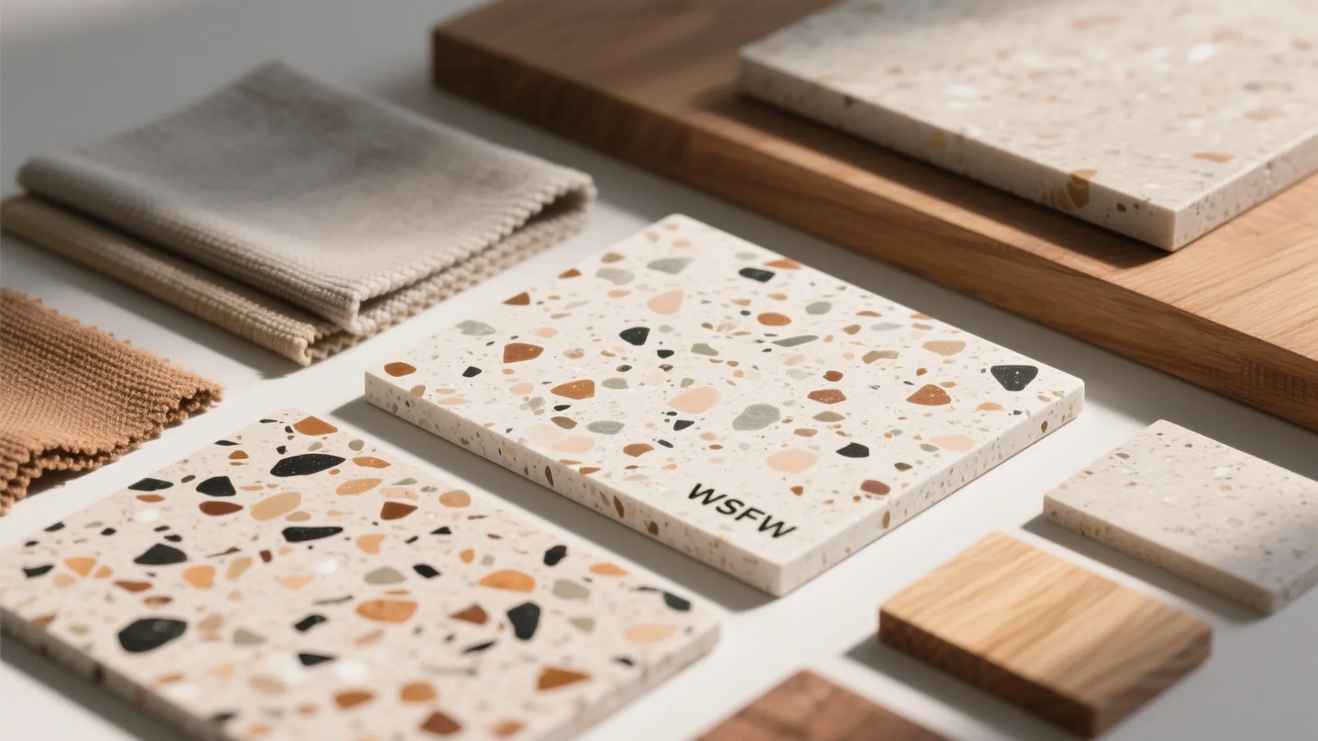 Terrazzo stone floor tile samples placed on a white table with fabric and wood blocks