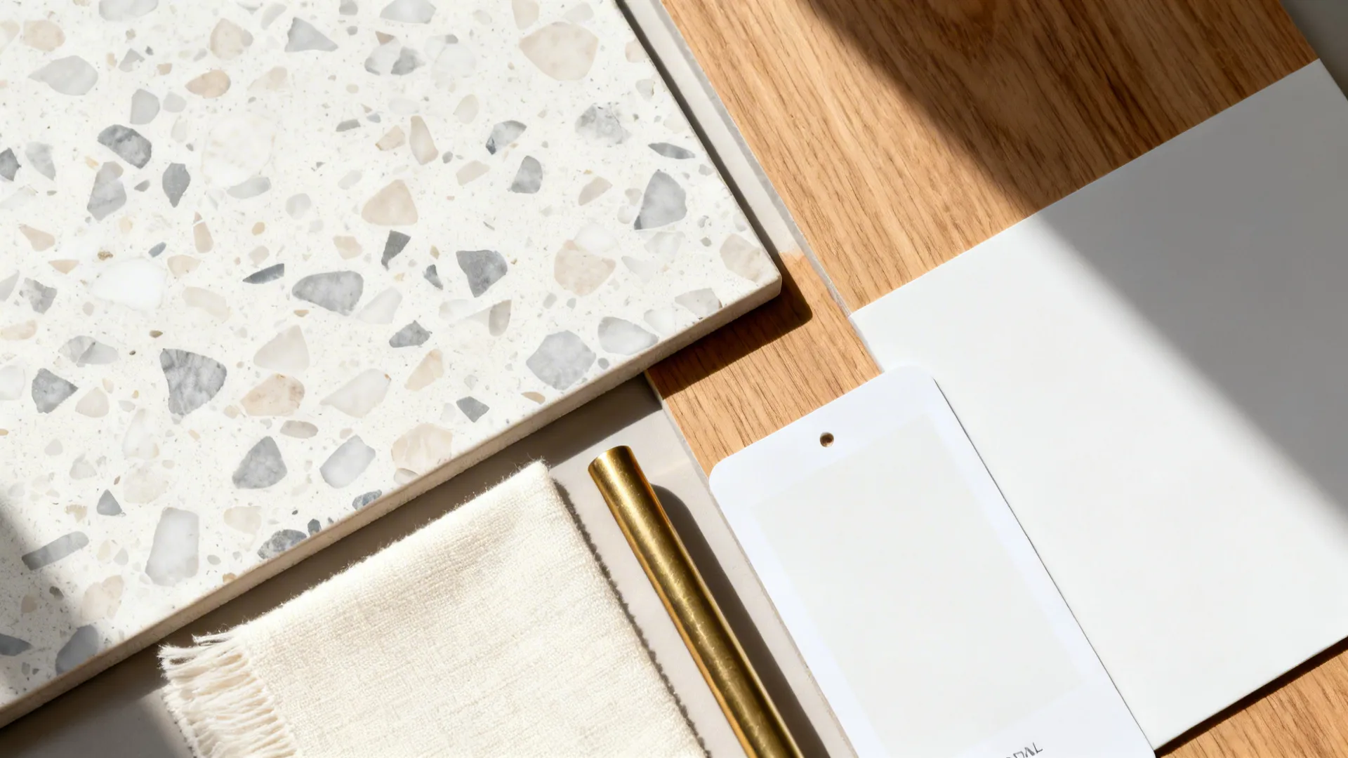 Flat lay with light terrazzo tile, oak, cream fabric, brass, and white paint card.