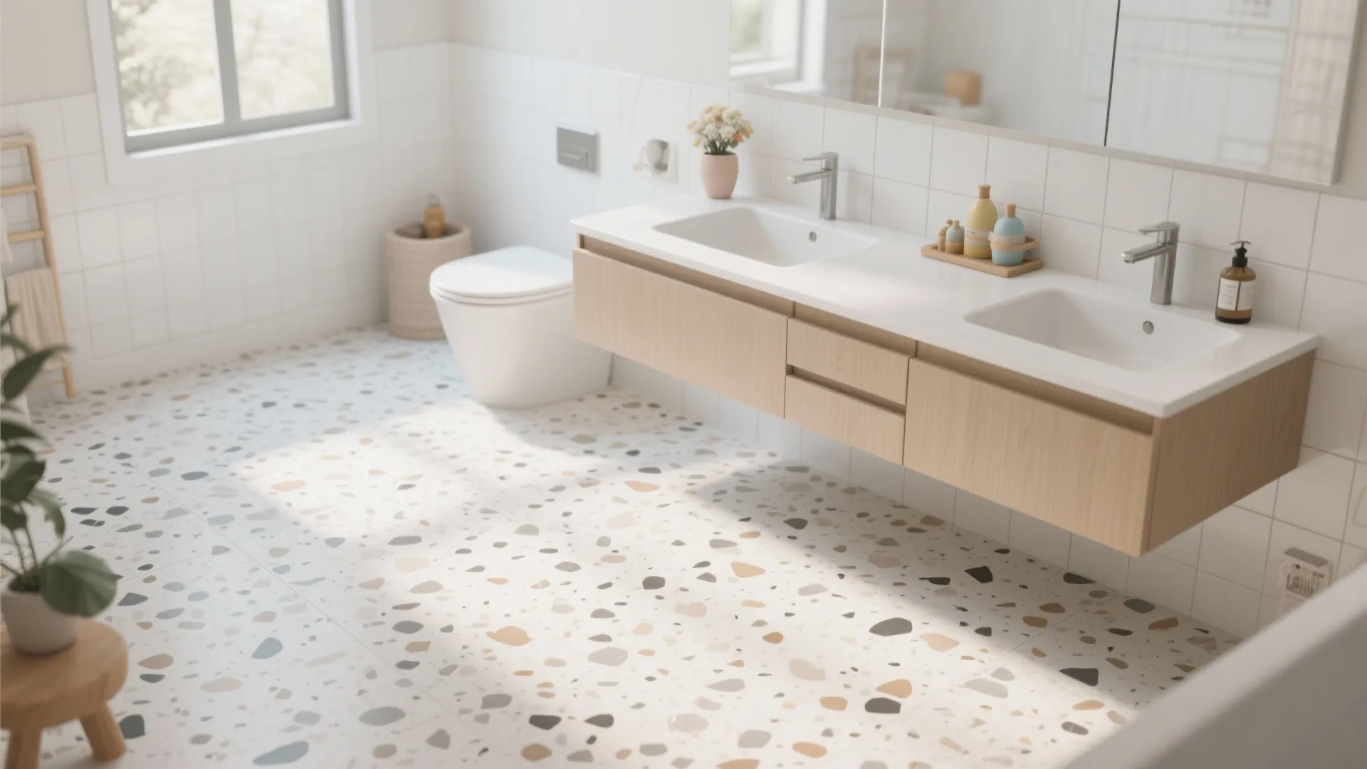 Modern bathroom featuring terrazzo floor tiles with a wooden floating cabinet and white wall tiles