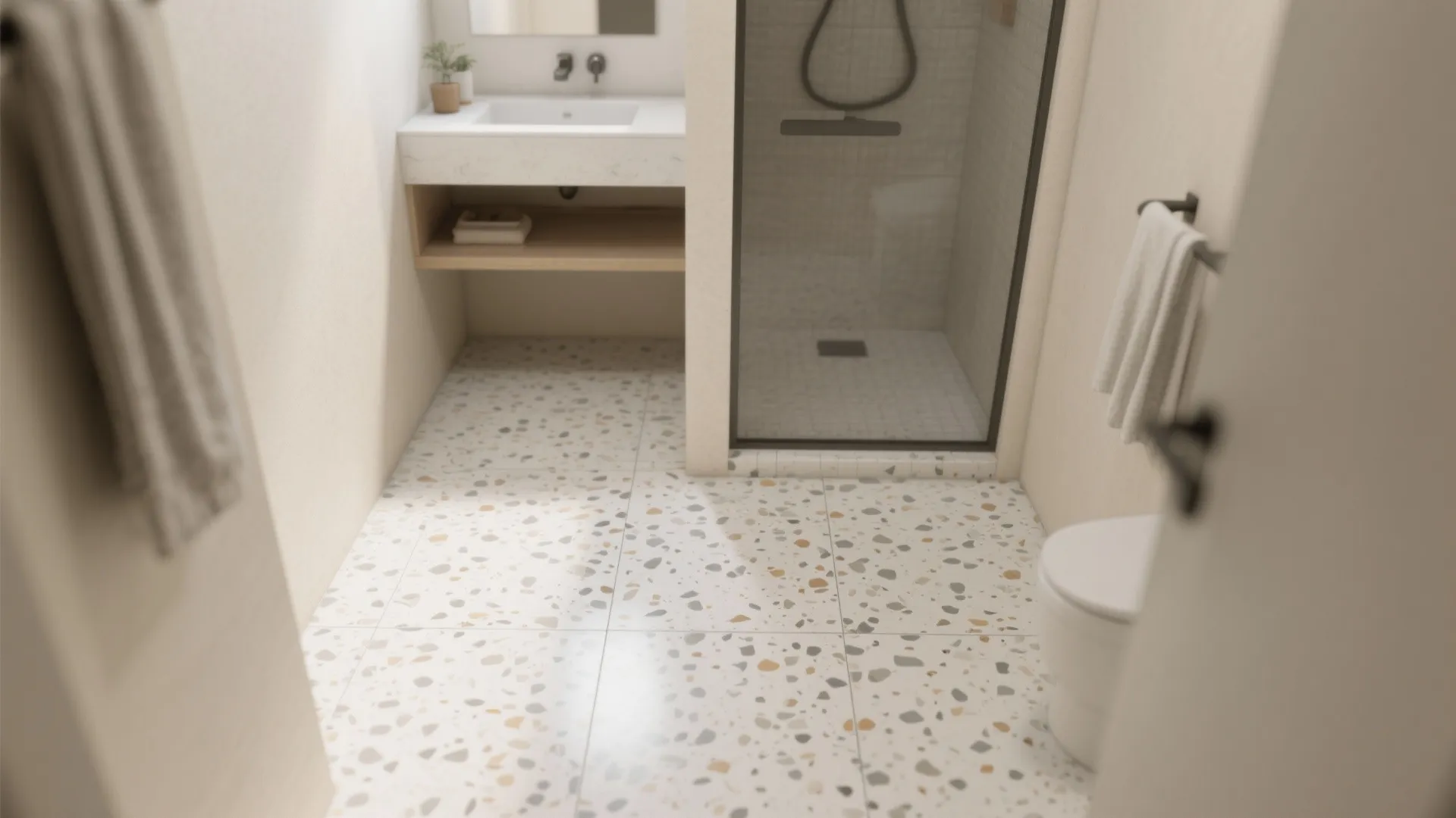 Small bathroom featuring speckled floor tiles white sink wood shelf shower area and white wall toilet