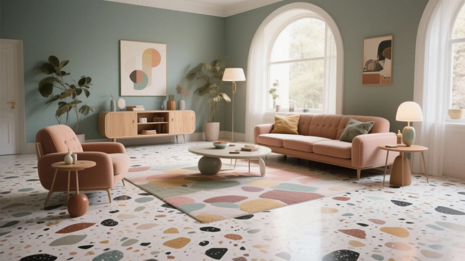 Green living room featuring colorful terrazzo flooring pink sofa wooden cabinet arched window and lamp