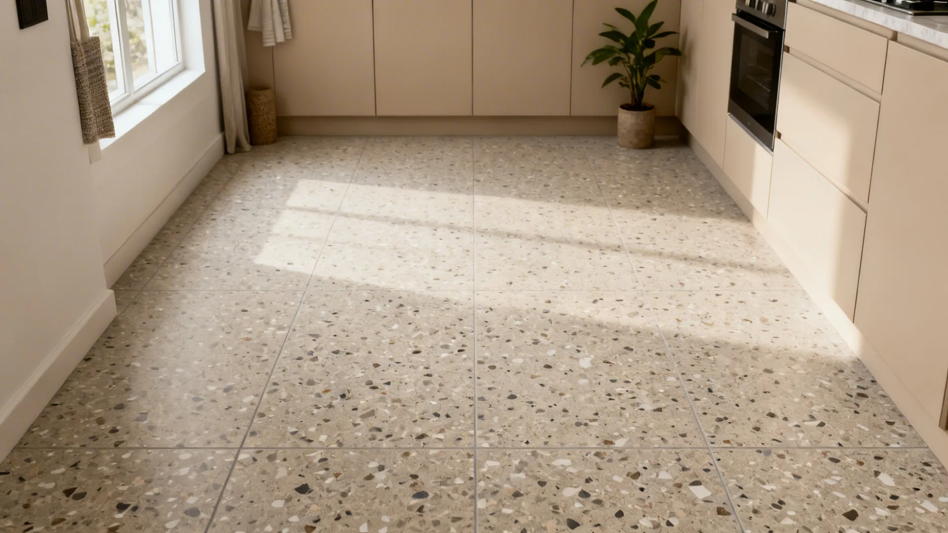 Kitchen interior featuring light speckled floor tiles with beige cabinets and a small green plant