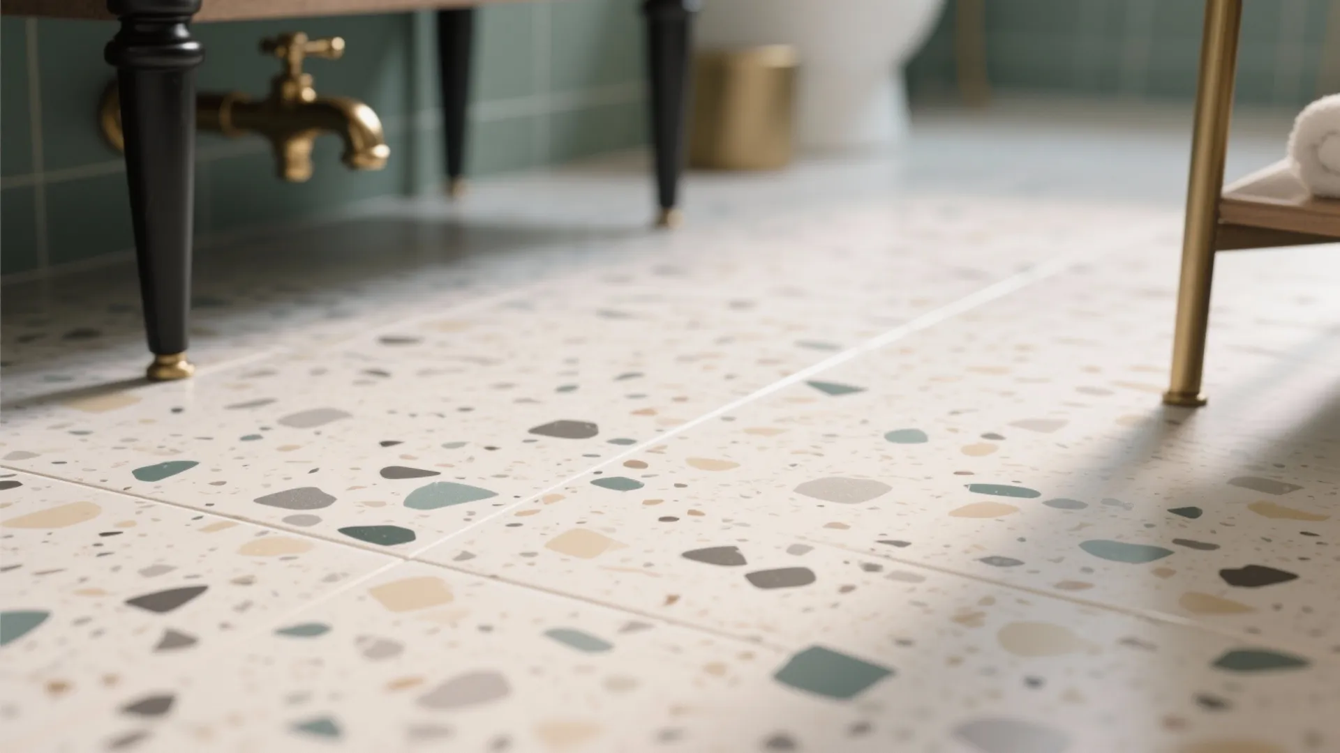 Graphic terrazzo or speckled mosaics for playful texture