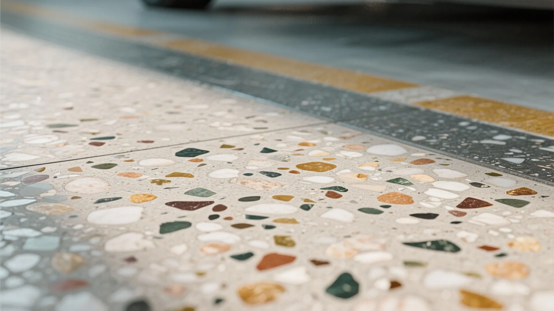 Close up view of colorful stone floor tiles with yellow and black striped border design