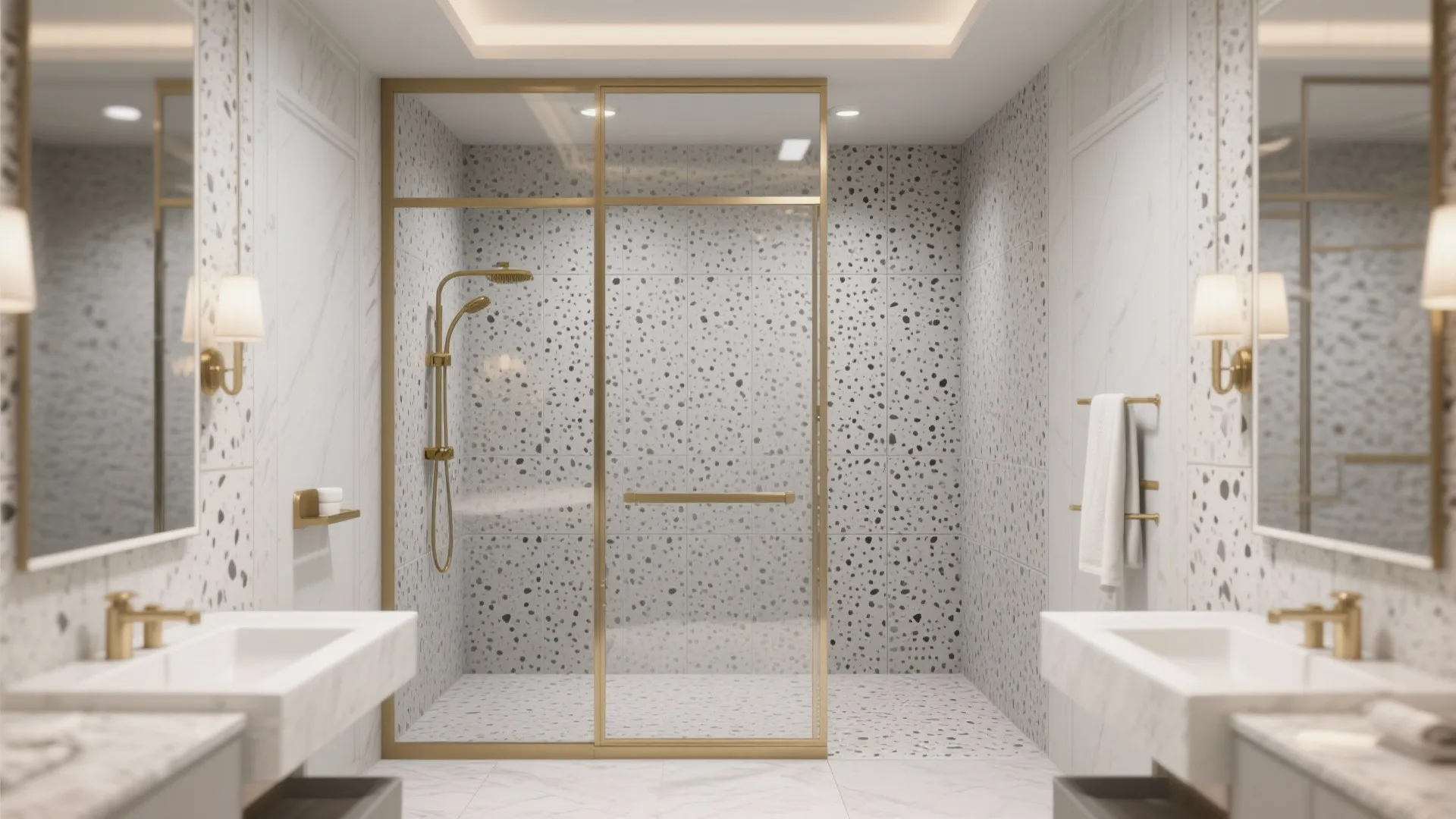 Modern bathroom featuring white terrazzo tiles, gold shower fixtures, glass door, and double sink vanities