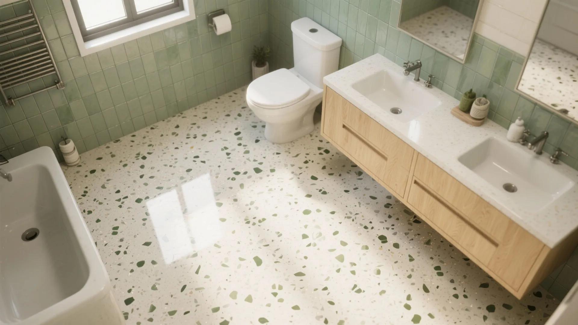 2. Terrazzo floor with scattered green chip tiles