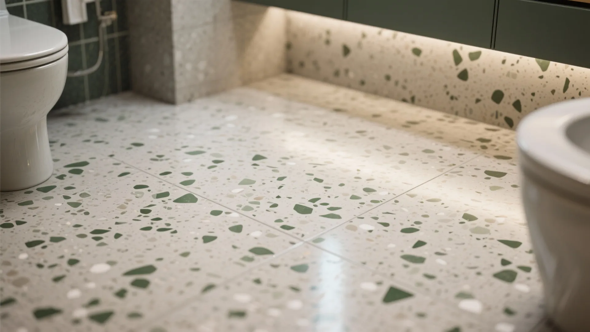 Close up of bathroom floor tiles with green stone flecks next to a white toilet