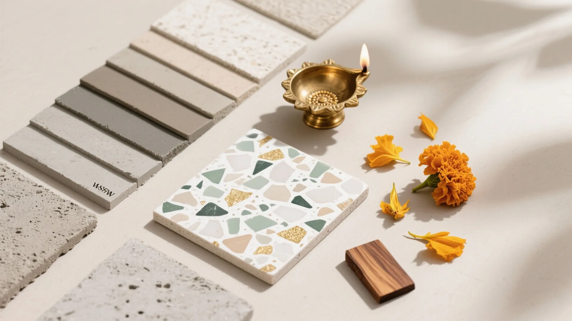 Flat lay showing terrazzo tile and stone samples with brass lamp and orange flower petals