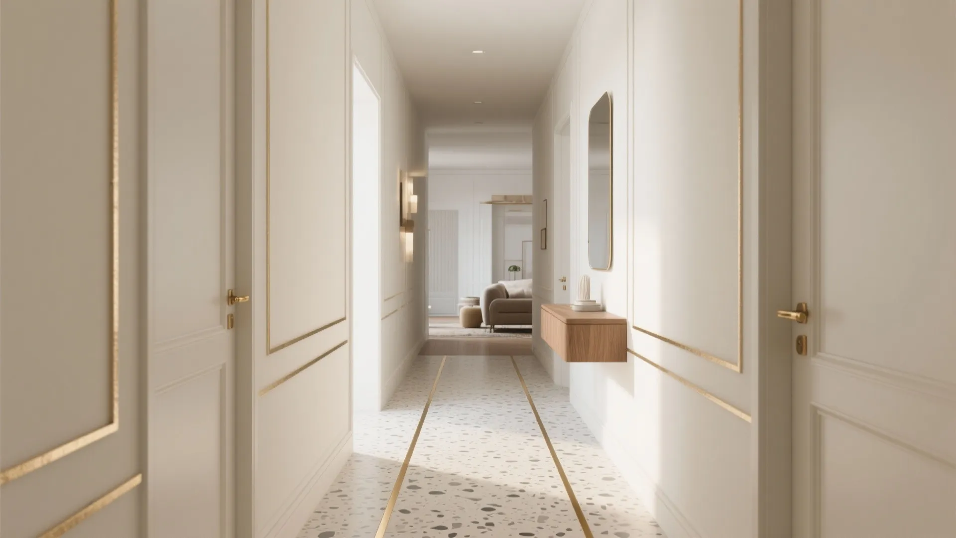 Elegant white hallway with wall panel gold trim speckled floor tiles wall mirror and wood cabinet