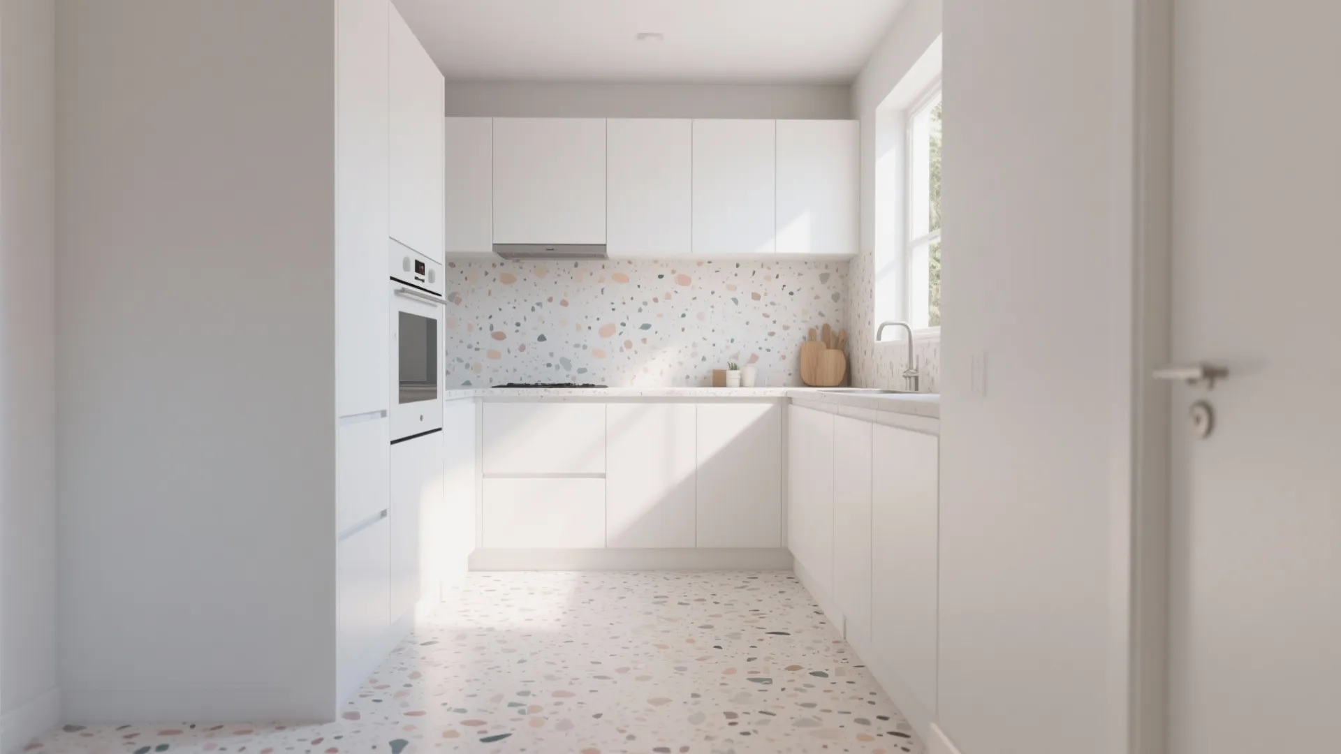 Modern white kitchen with colorful terrazzo floor tiles and matching backsplash under bright natural sun light