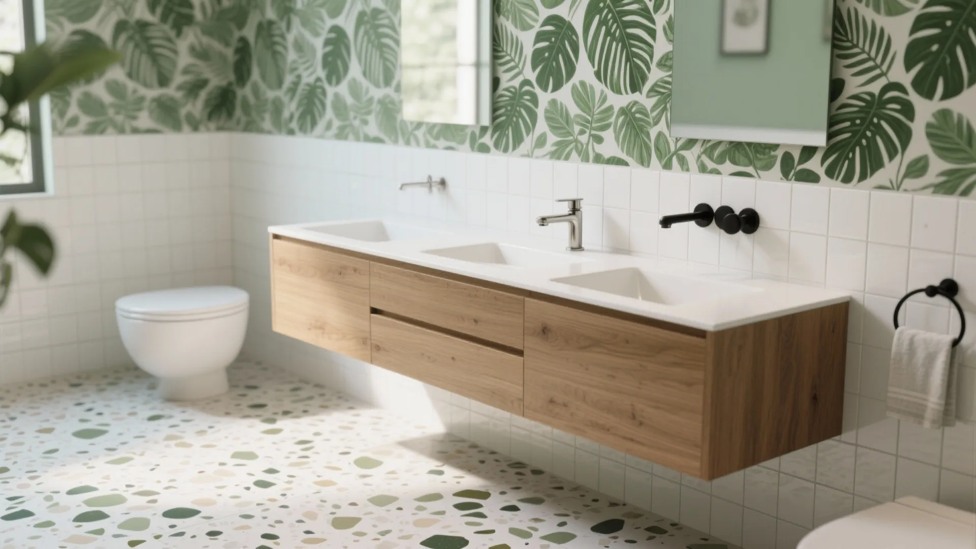 Nature-inspired greens: terrazzo and leaf-pattern accents