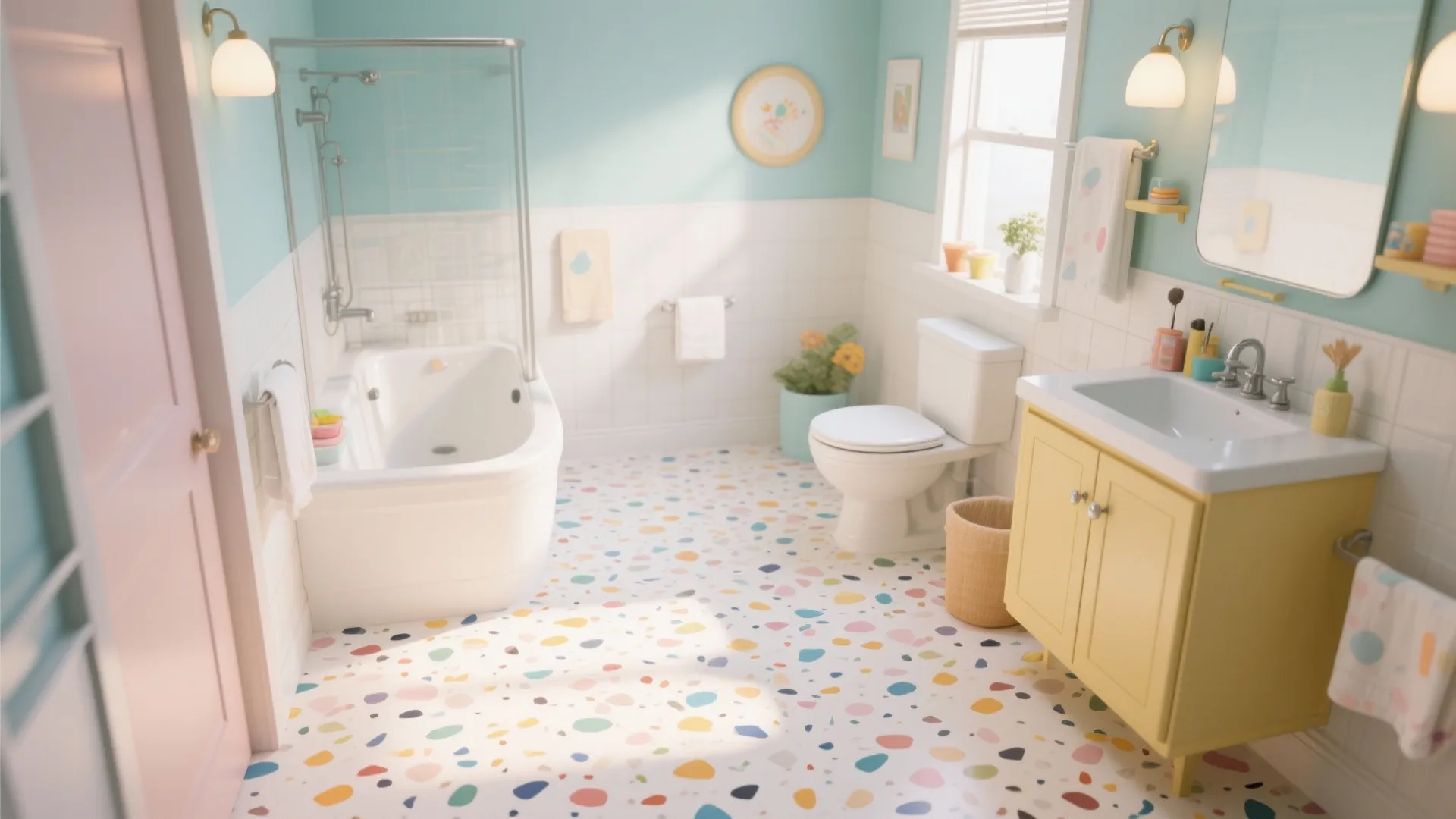 Colorful bathroom with yellow cabinet and blue walls plus white bathtub and patterned floor tile