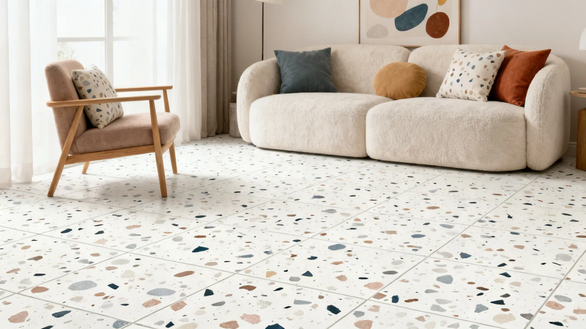 Soft white terrazzo-look porcelain floor with mid-size chips adds gentle character to a compact living room.
