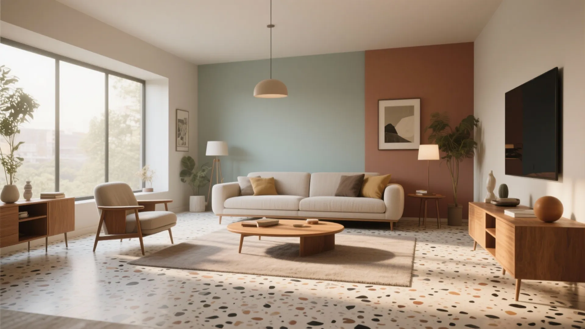Living room with terrazzo tile flooring and mid-century furniture